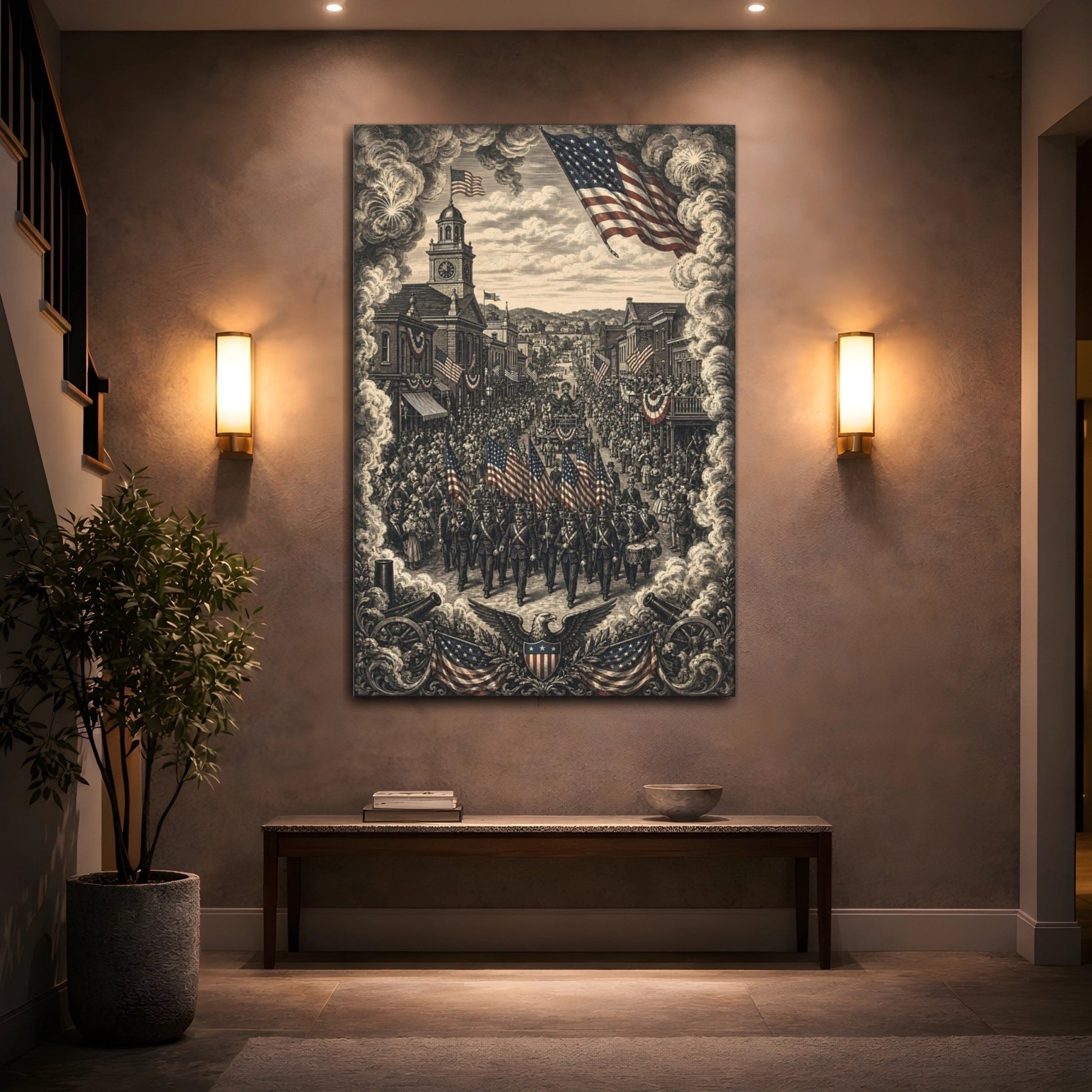 Vintage Patriotic Parade Sepia Tone Canvas Print – Living Room, Above Sofa, - YesArtYes