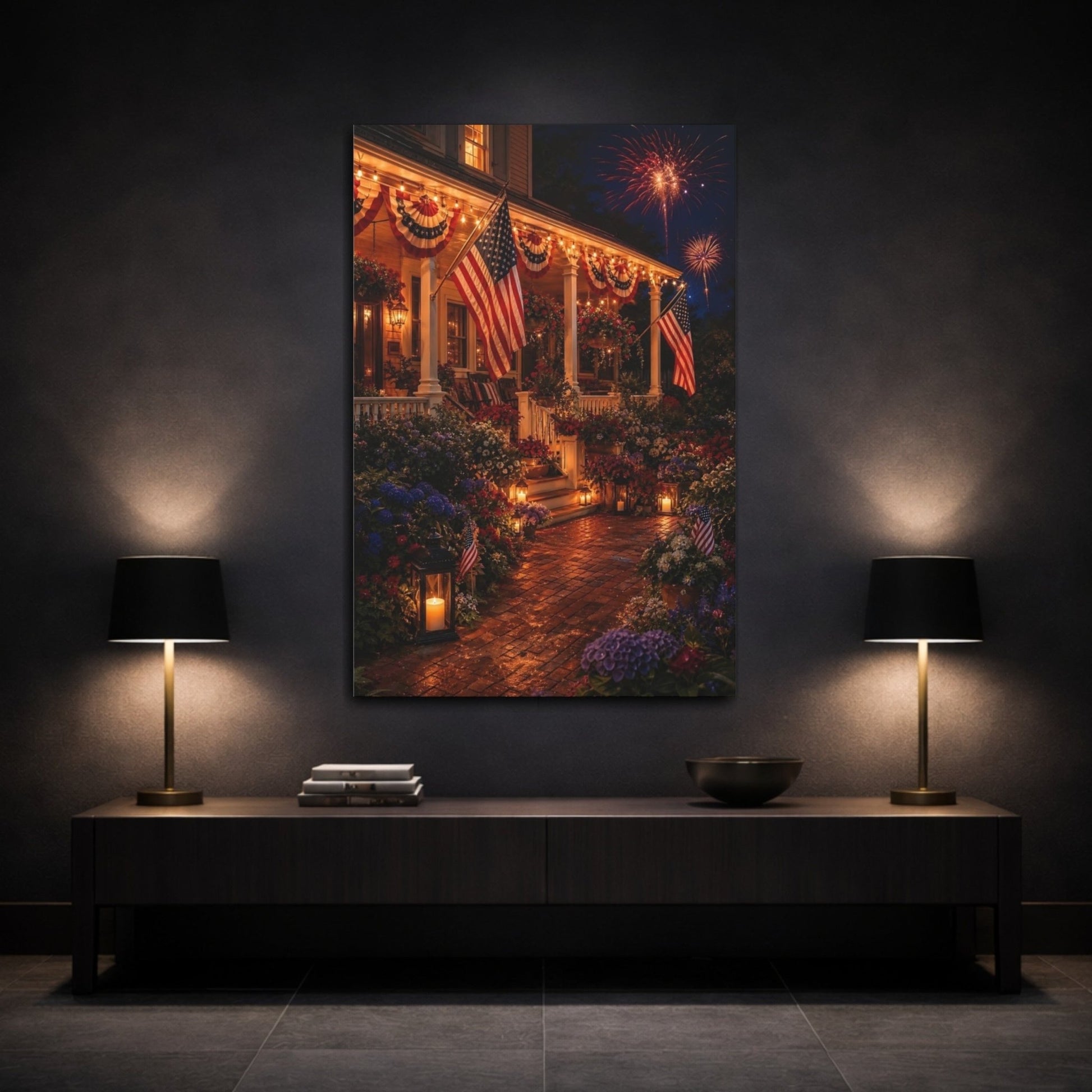 Vintage Patriotic Porch American Celebration Canvas Print – Traditional Living Room, Above Console Table - YesArtYes