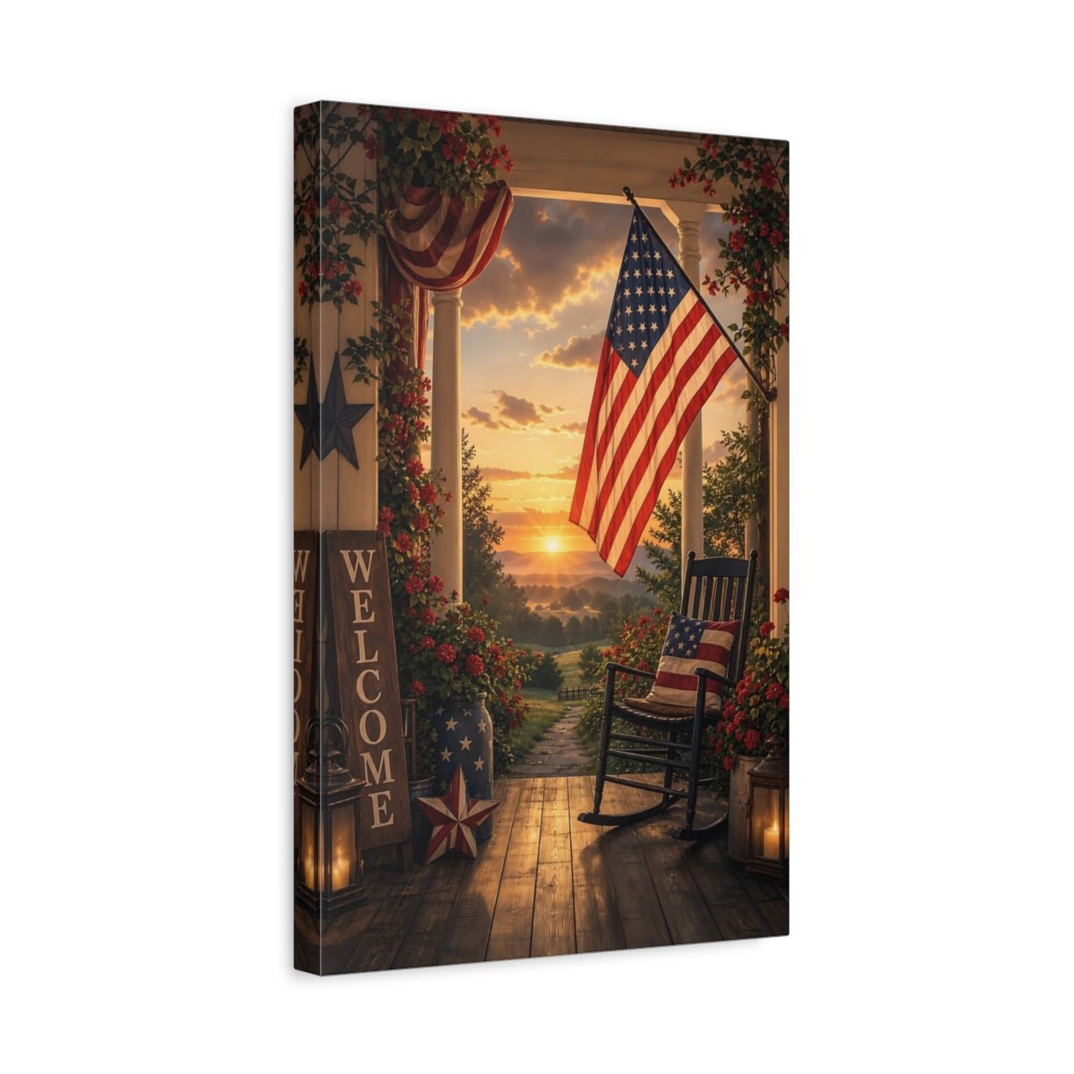 Vintage Patriotic Porch Red White Blue Canvas Print – Living Room, Large Wall, - YesArtYes