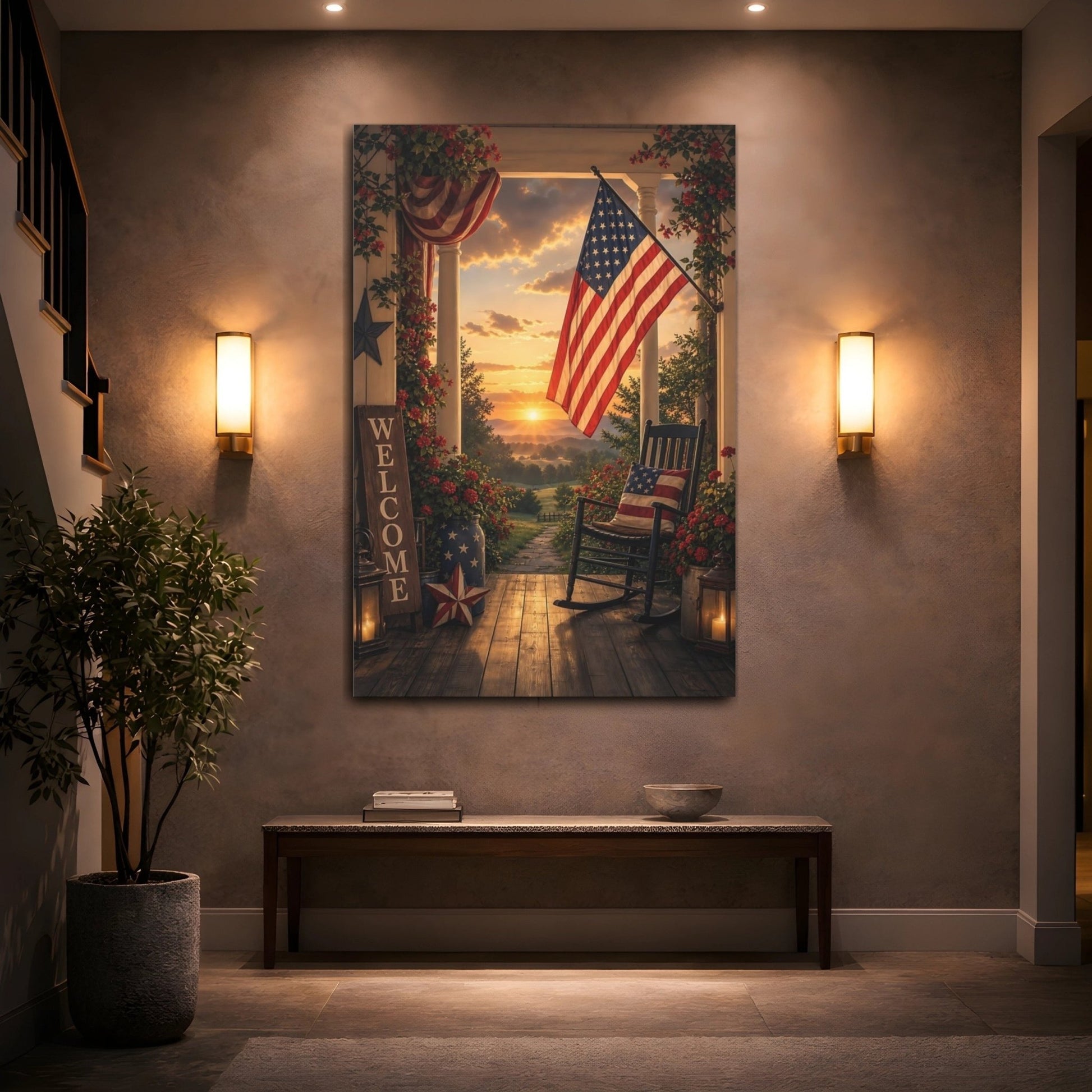 Vintage Patriotic Porch Red White Blue Canvas Print – Living Room, Large Wall, - YesArtYes