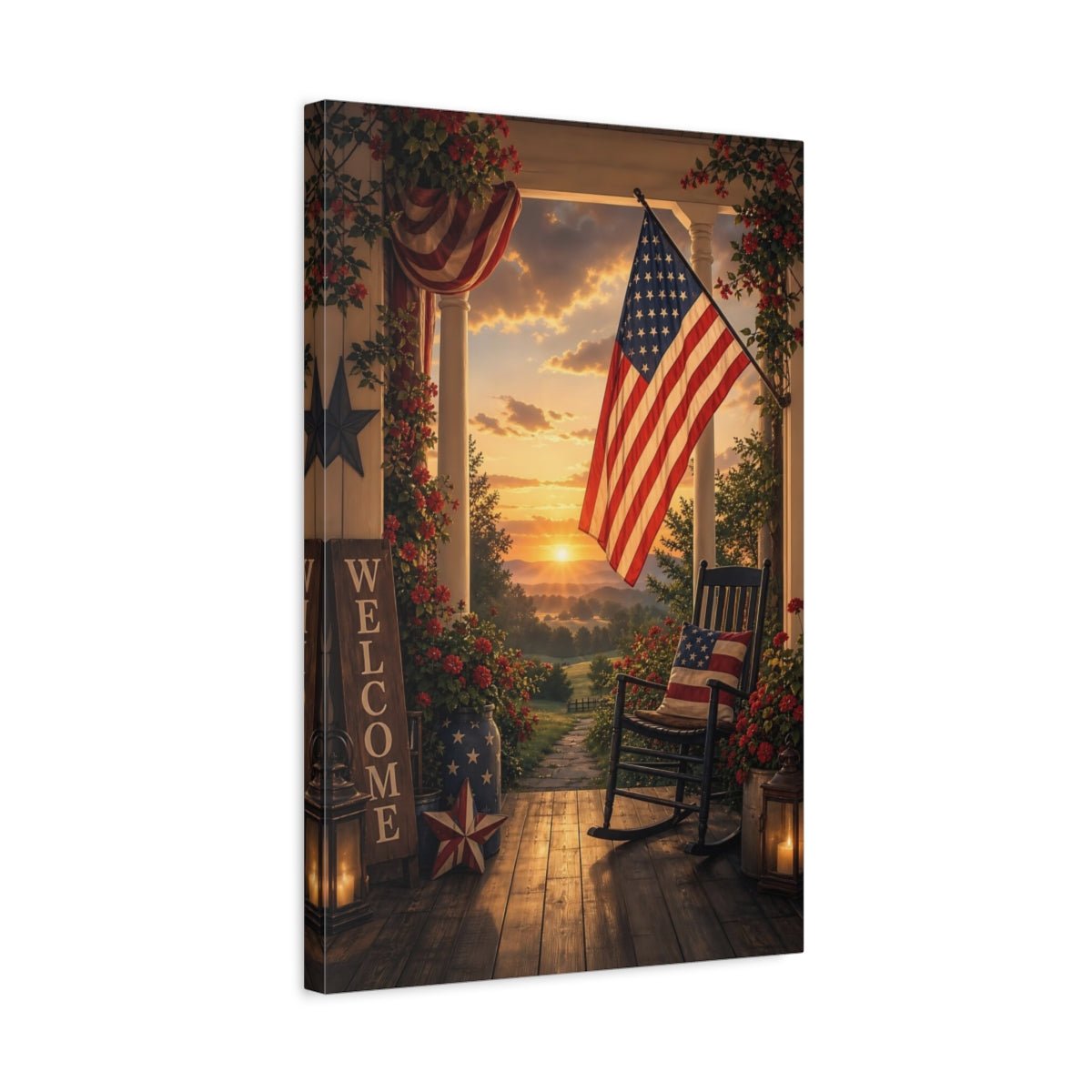Vintage Patriotic Porch Red White Blue Canvas Print – Living Room, Large Wall, - YesArtYes