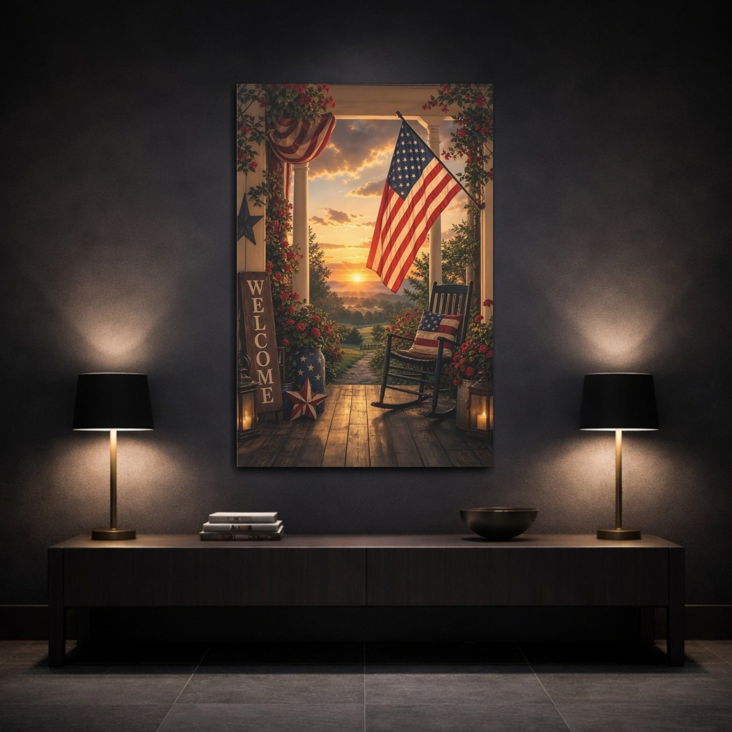 Vintage Patriotic Porch Red White Blue Canvas Print – Living Room, Large Wall, - YesArtYes