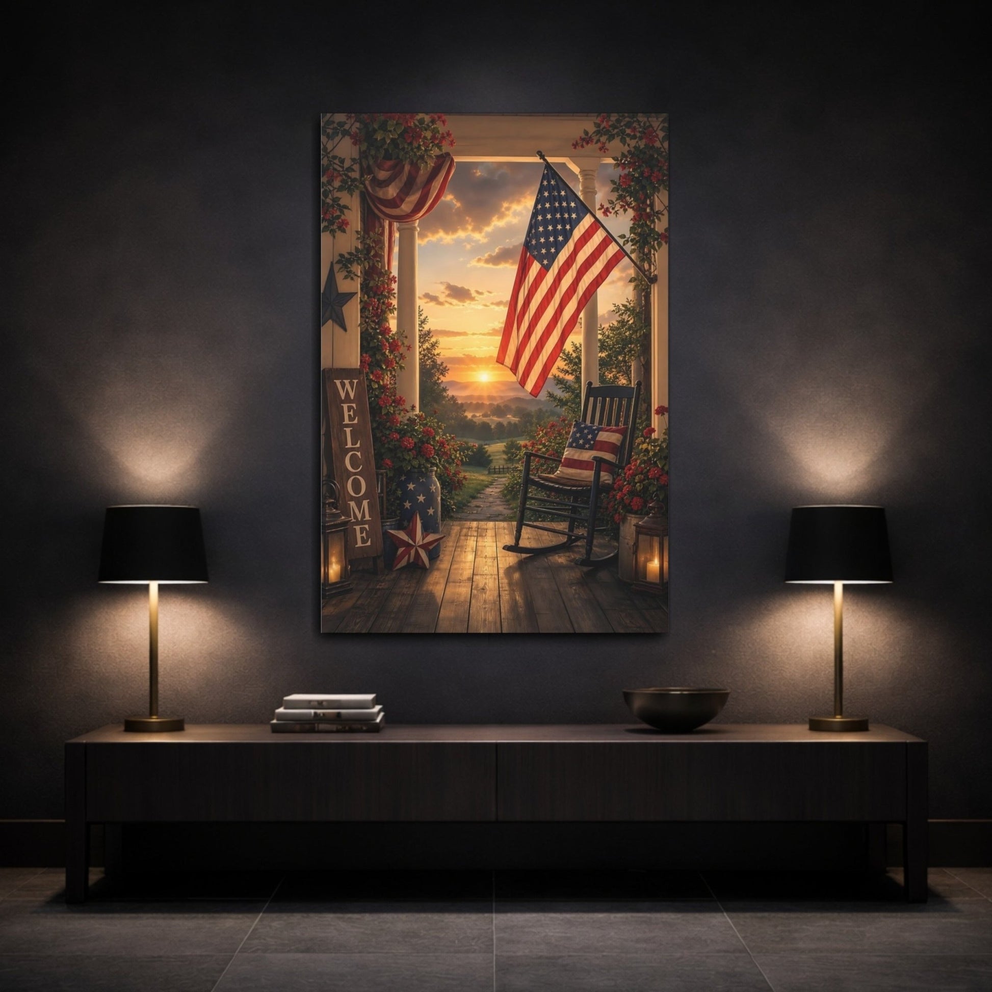 Vintage Patriotic Porch Red White Blue Canvas Print – Living Room, Large Wall, - YesArtYes