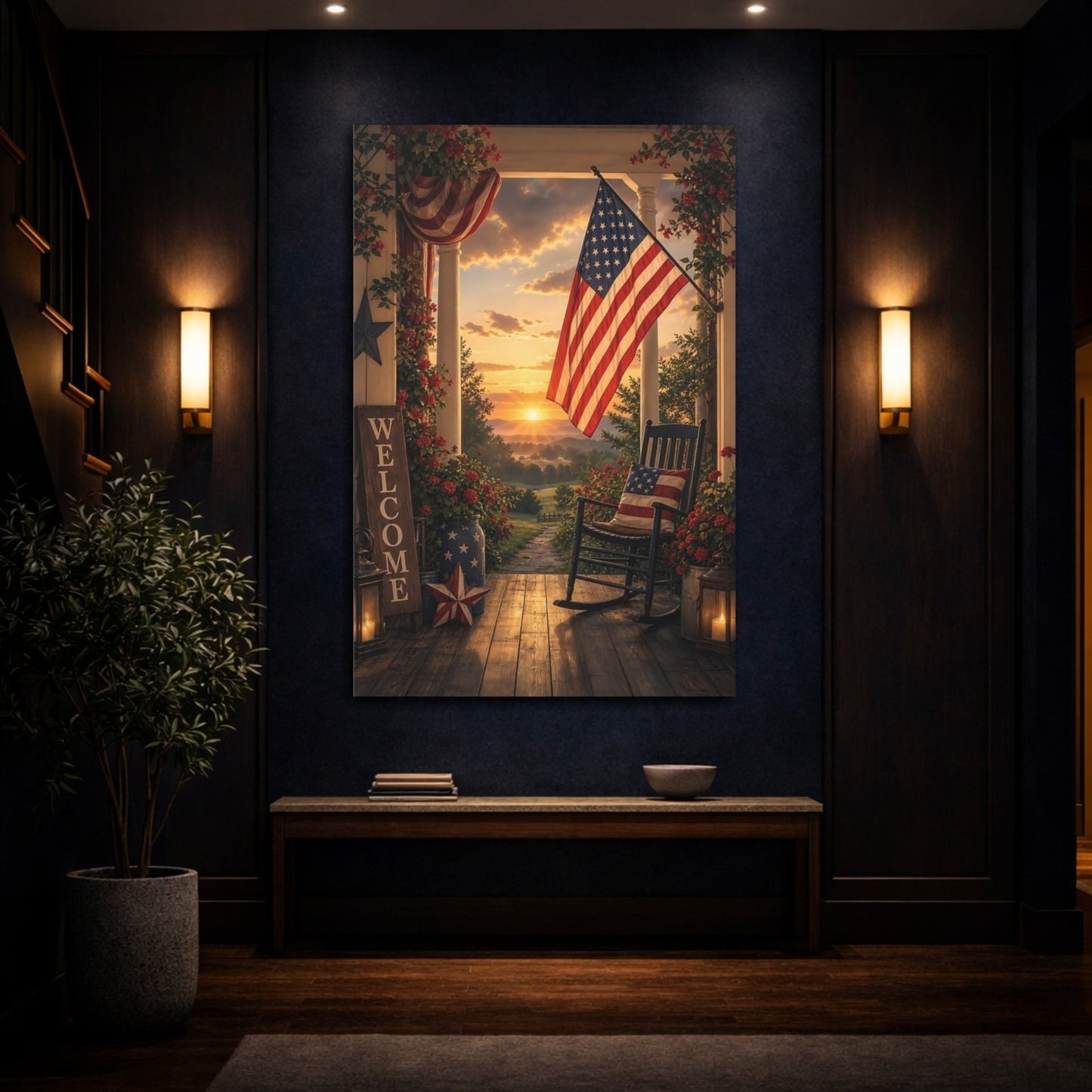 Vintage Patriotic Porch Red White Blue Canvas Print – Living Room, Large Wall, - YesArtYes