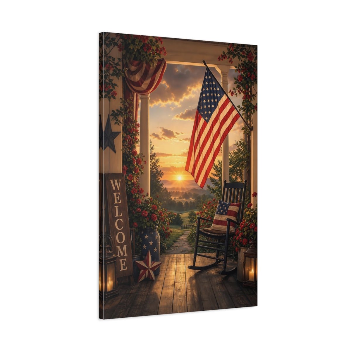 Vintage Patriotic Porch Red White Blue Canvas Print – Living Room, Large Wall, - YesArtYes