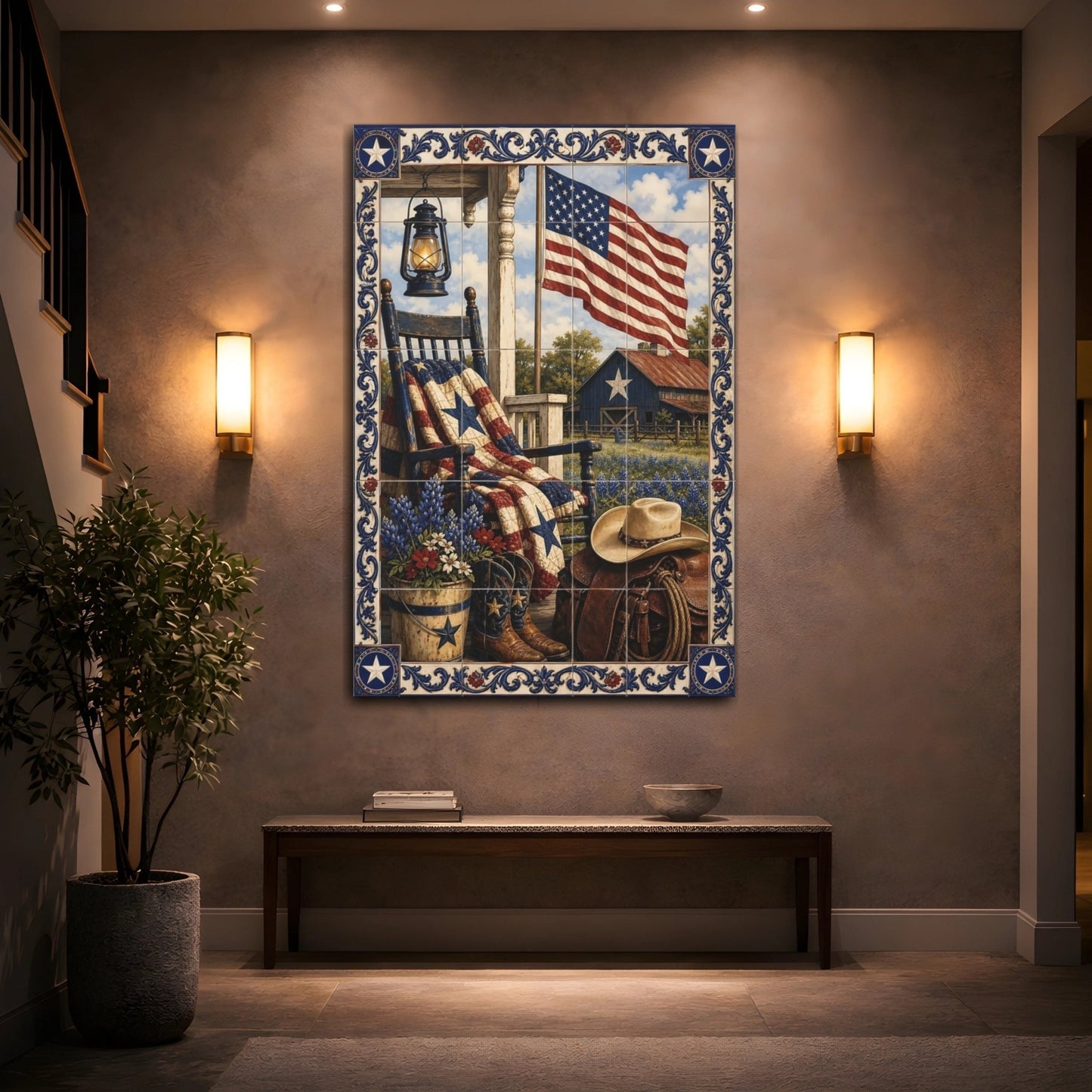 Vintage Patriotic Porch Rustic Americana Canvas Wall Art Print – Living Room, Above Couch - YesArtYes