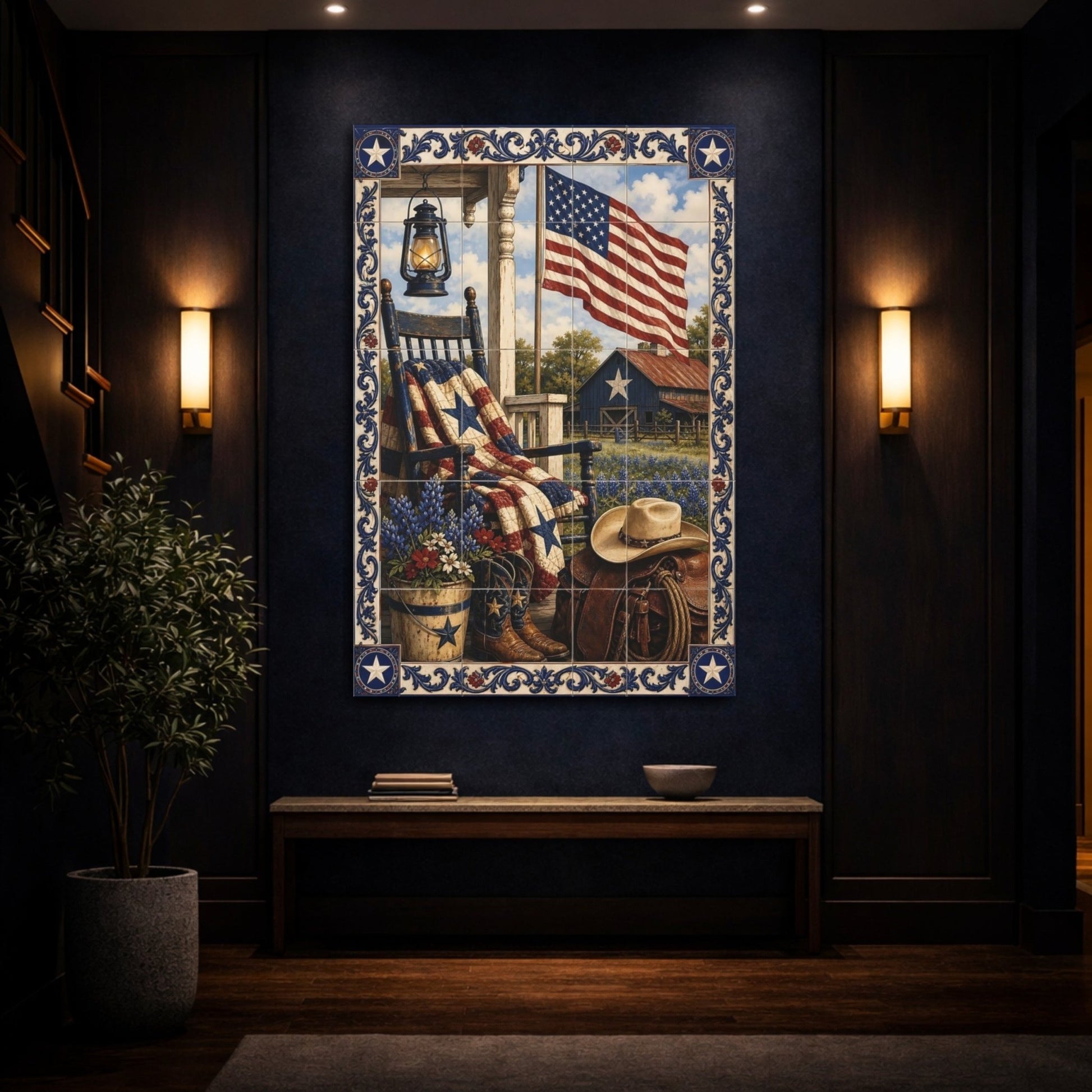 Vintage Patriotic Porch Rustic Americana Canvas Wall Art Print – Living Room, Above Couch - YesArtYes
