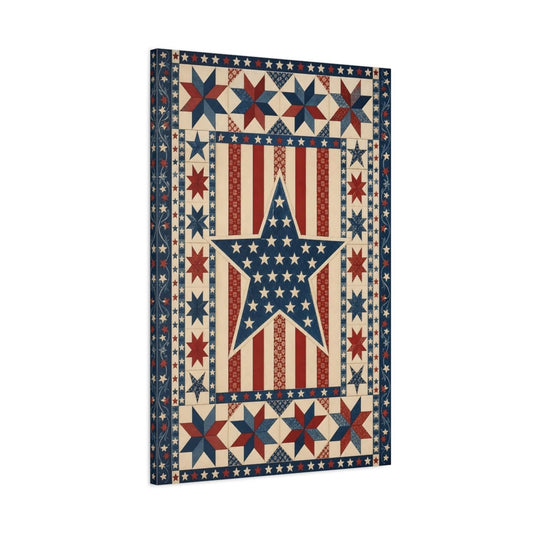 Vintage Patriotic Quilt Red White Blue Canvas Wall Art Print – Living Room Decor, Large - YesArtYes