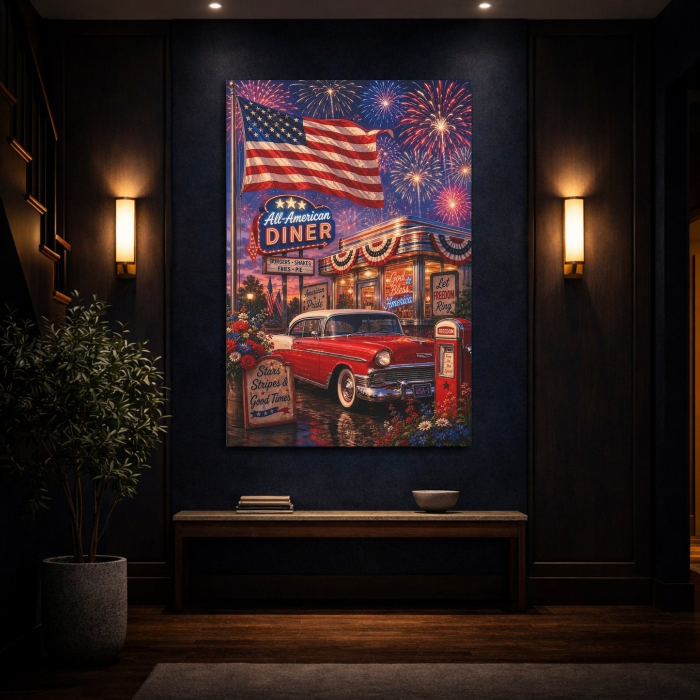 Vintage Patriotic Scene Red White Blue Canvas Print – Living Room, Above Couch - YesArtYes