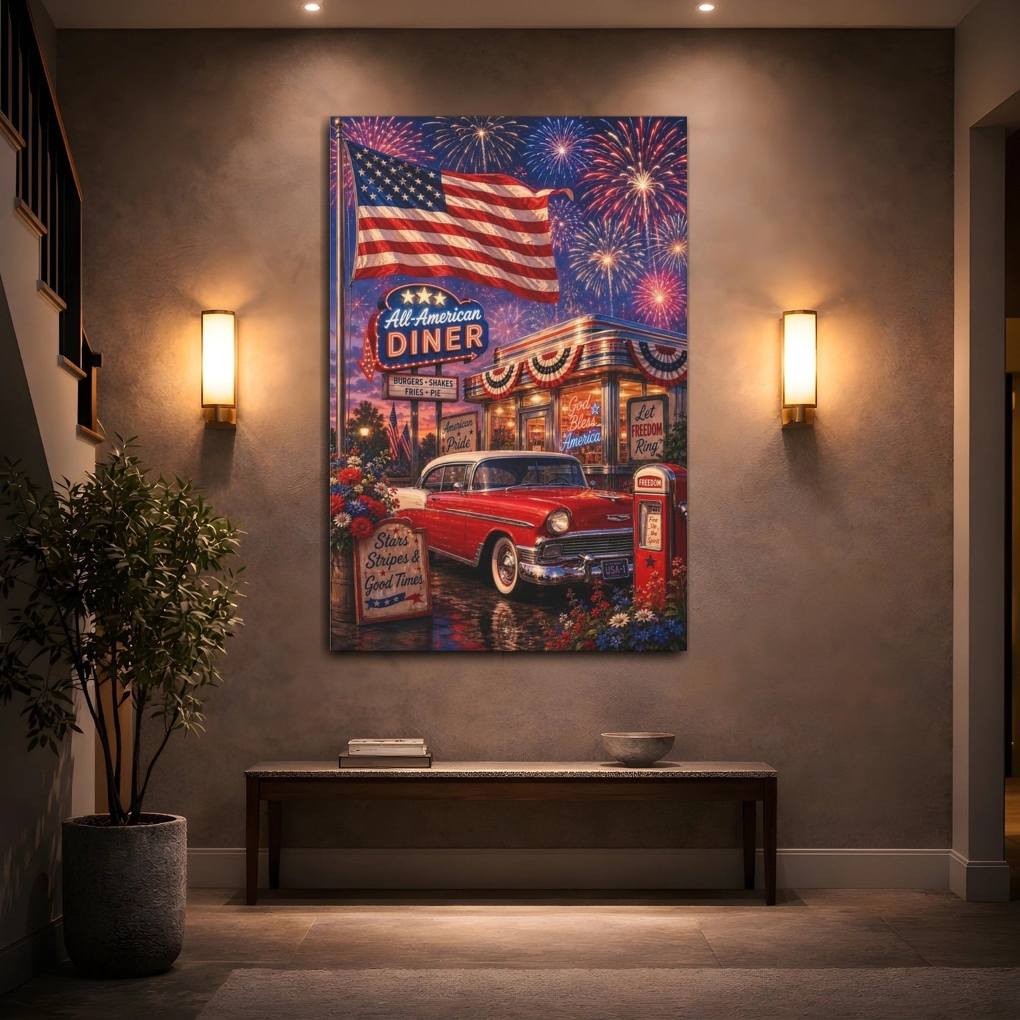 Vintage Patriotic Scene Red White Blue Canvas Print – Living Room, Above Couch - YesArtYes