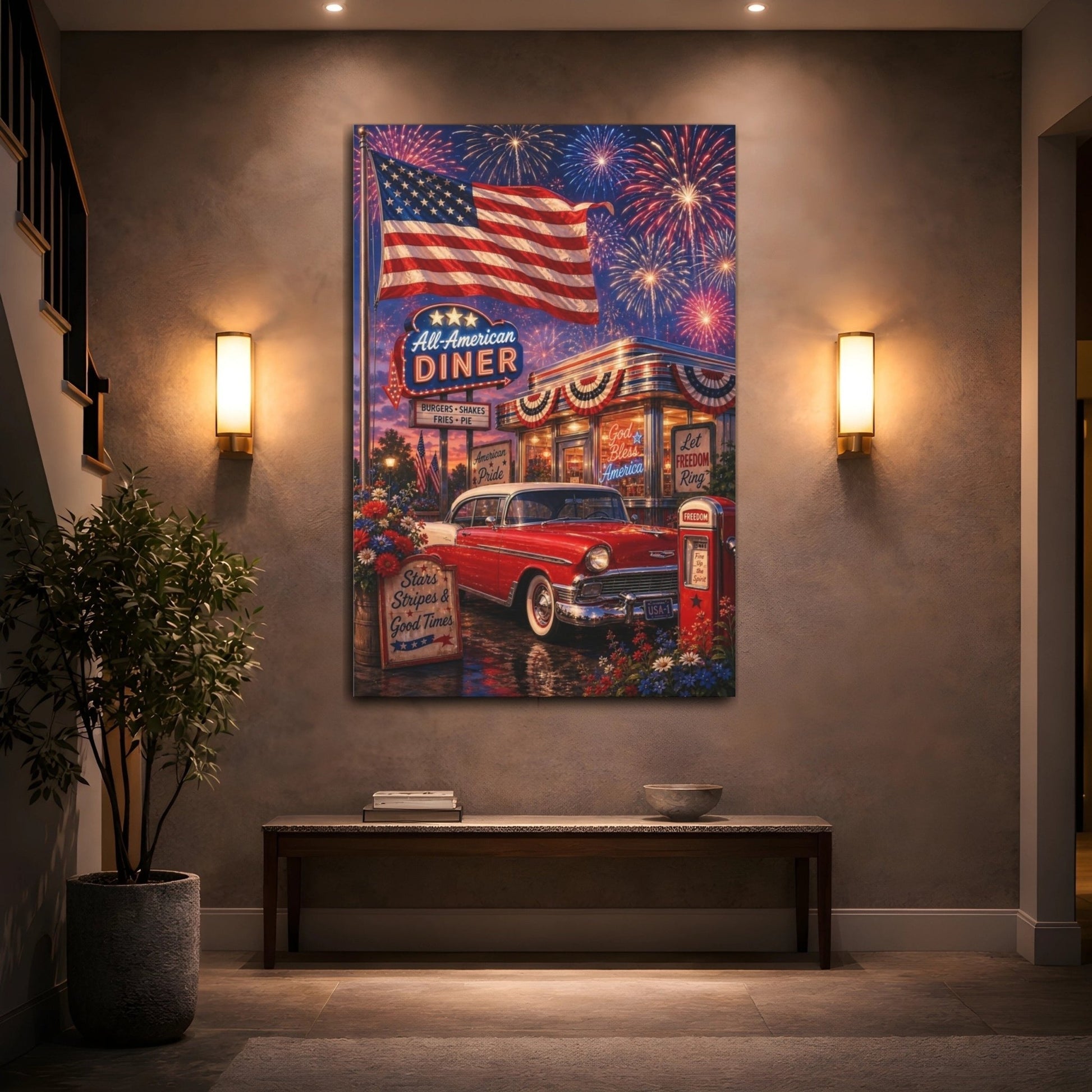 Vintage Patriotic Scene Red White Blue Canvas Print – Living Room, Above Couch - YesArtYes