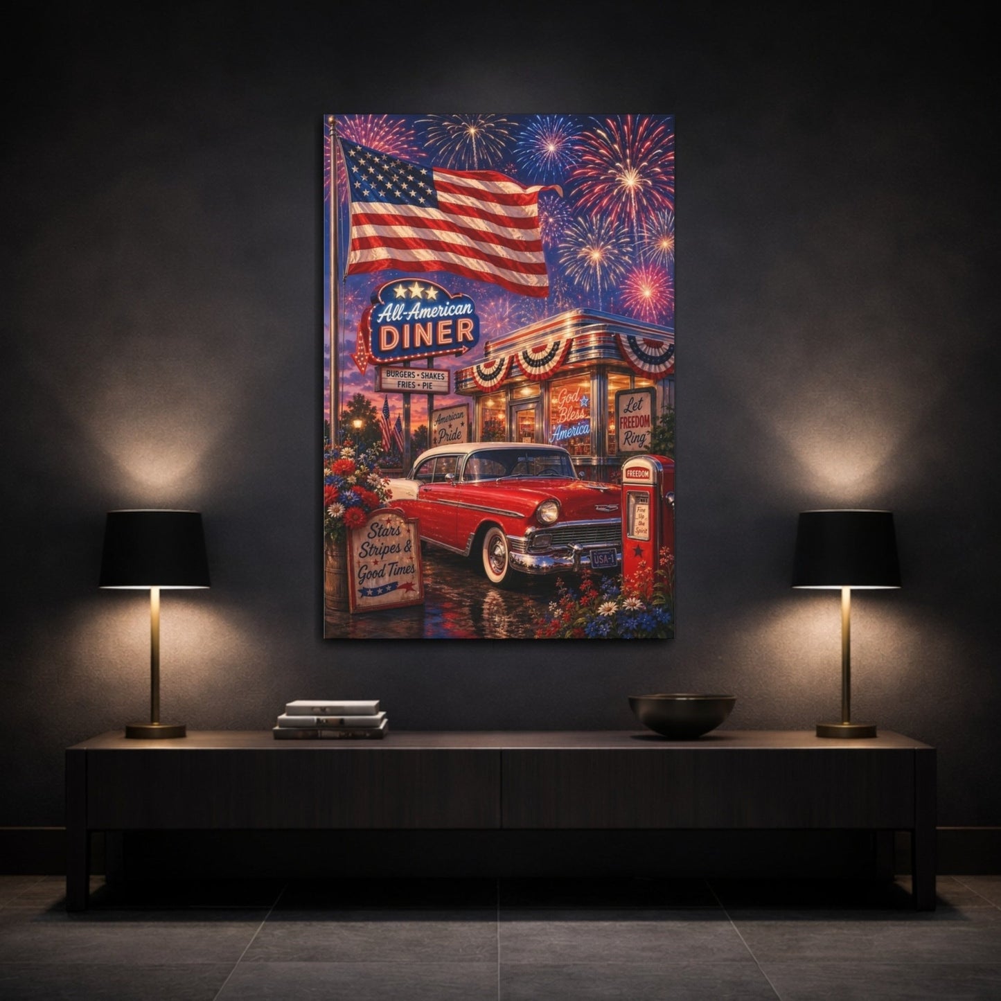Vintage Patriotic Scene Red White Blue Canvas Print – Living Room, Above Couch - YesArtYes
