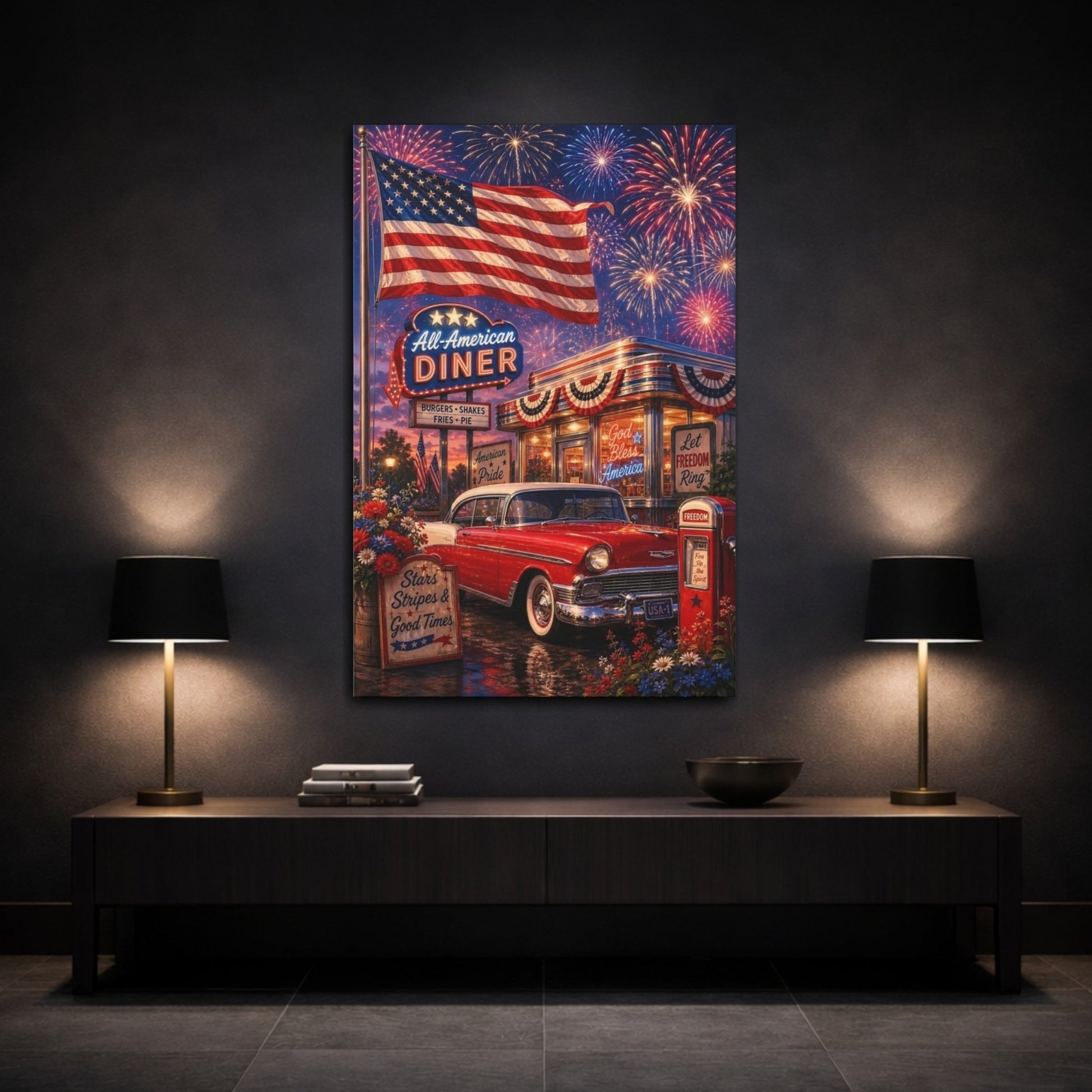 Vintage Patriotic Scene Red White Blue Canvas Print – Living Room, Above Couch - YesArtYes
