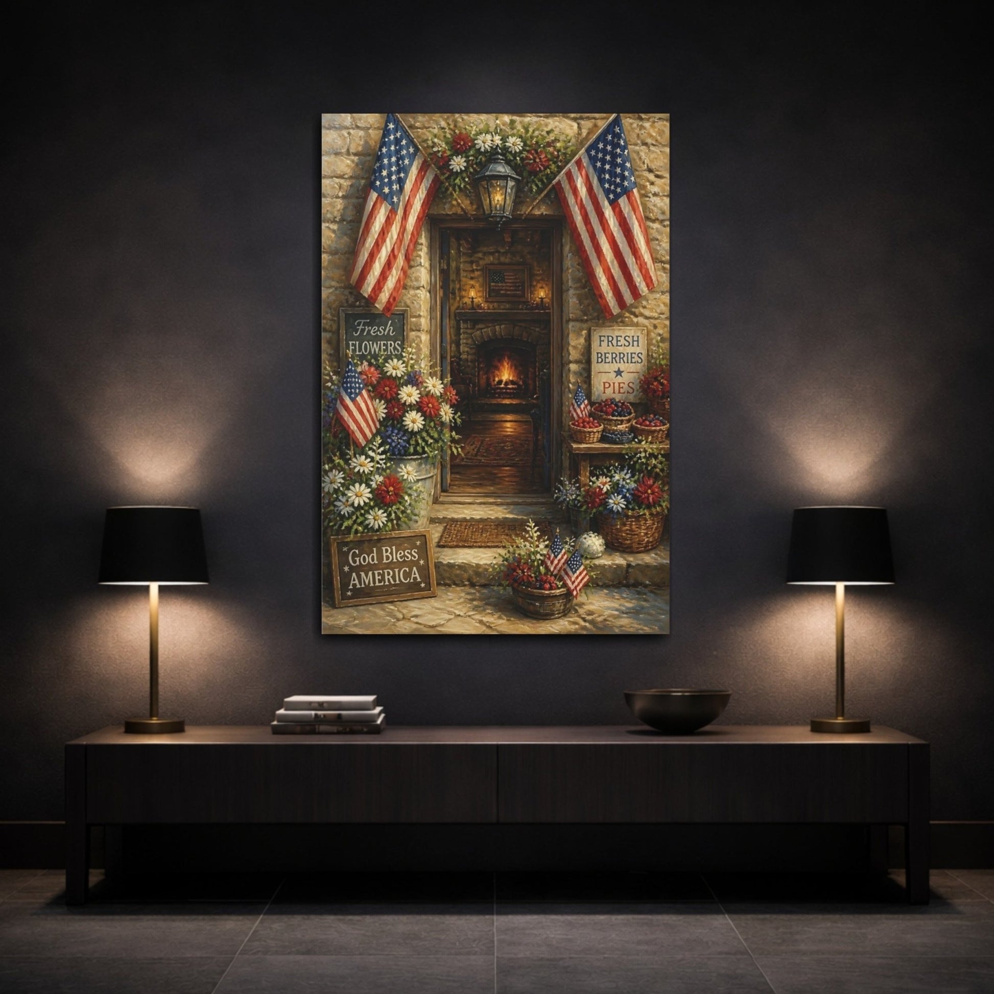 Vintage Patriotic Store Red White Blue Canvas Wall Art Print – Traditional Living Room, Above Couch - YesArtYes