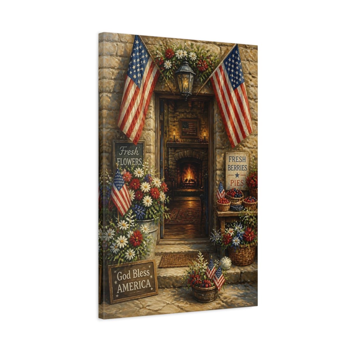 Vintage Patriotic Store Red White Blue Canvas Wall Art Print – Traditional Living Room, Above Couch - YesArtYes