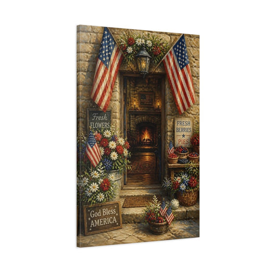 Vintage Patriotic Store Red White Blue Canvas Wall Art Print – Traditional Living Room, Above Couch - YesArtYes
