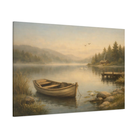 Vintage Peaceful Lake shown as stretched canvas wall art
