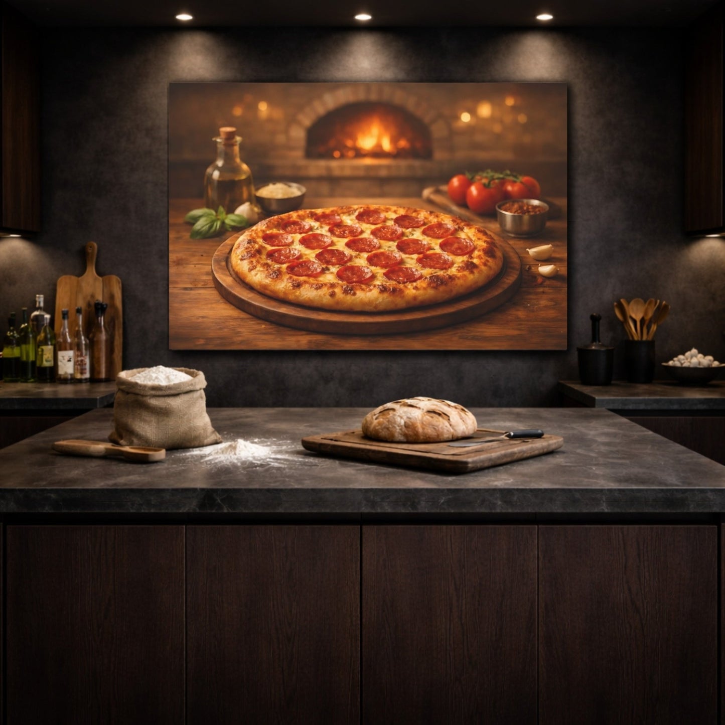 Vintage Pepperoni Pizza Rustic Scene - Canvas Wall Art Print - YesArtYes