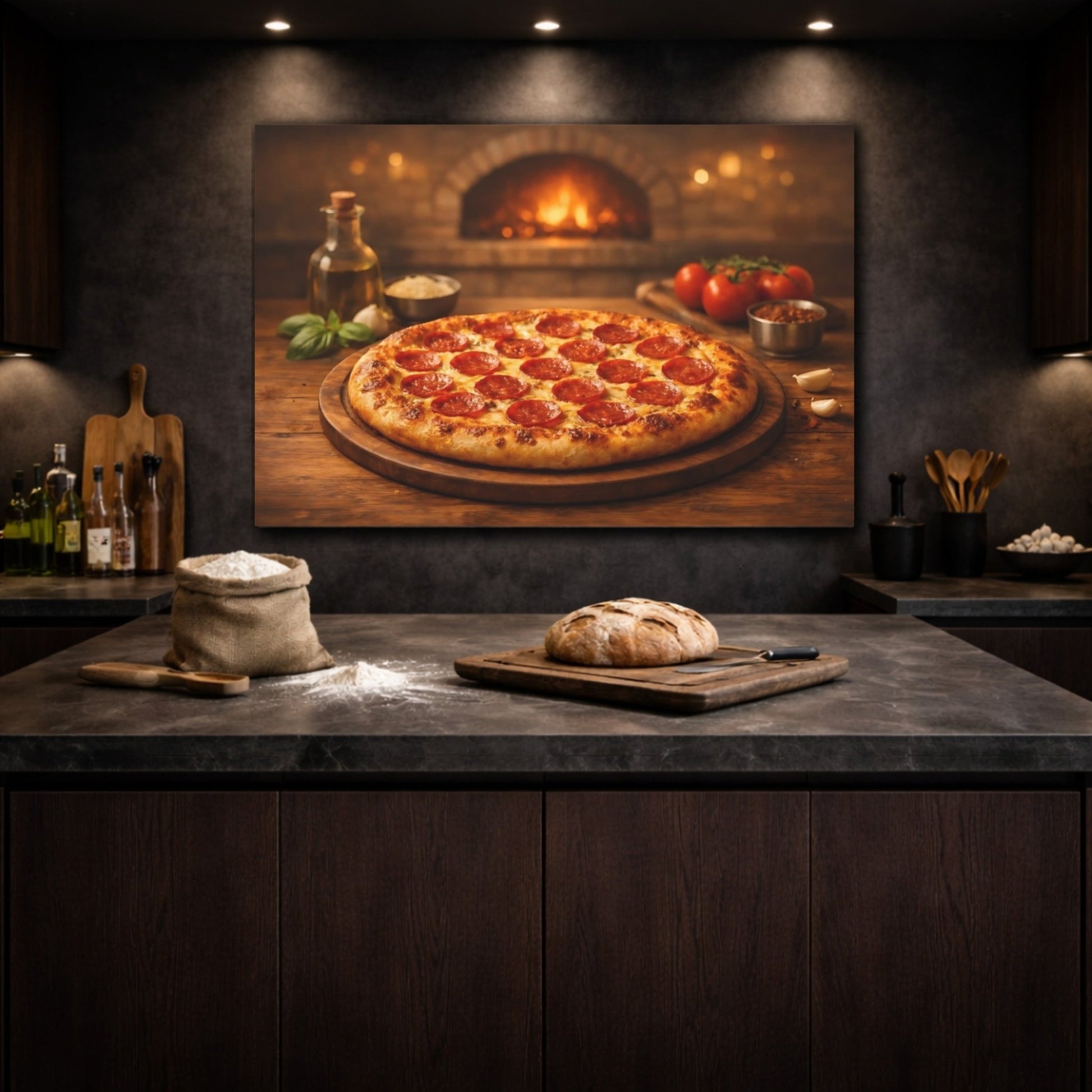 Vintage Pepperoni Pizza Rustic Scene - Canvas Wall Art Print - YesArtYes