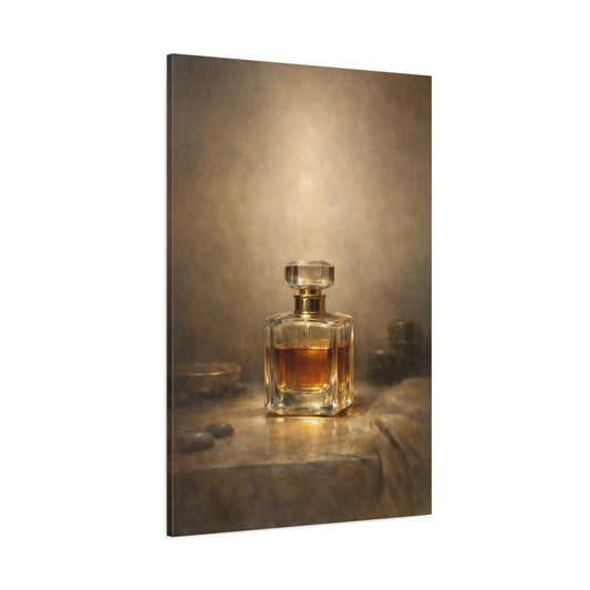 Main Mockup. Vintage Perfume Bottle Brown And Gold Perfume shown as stretched canvas wall art
