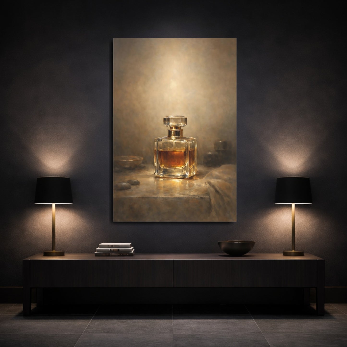 Mockup 2. Vintage Perfume Bottle Brown And Gold Perfume shown as stretched canvas wall art