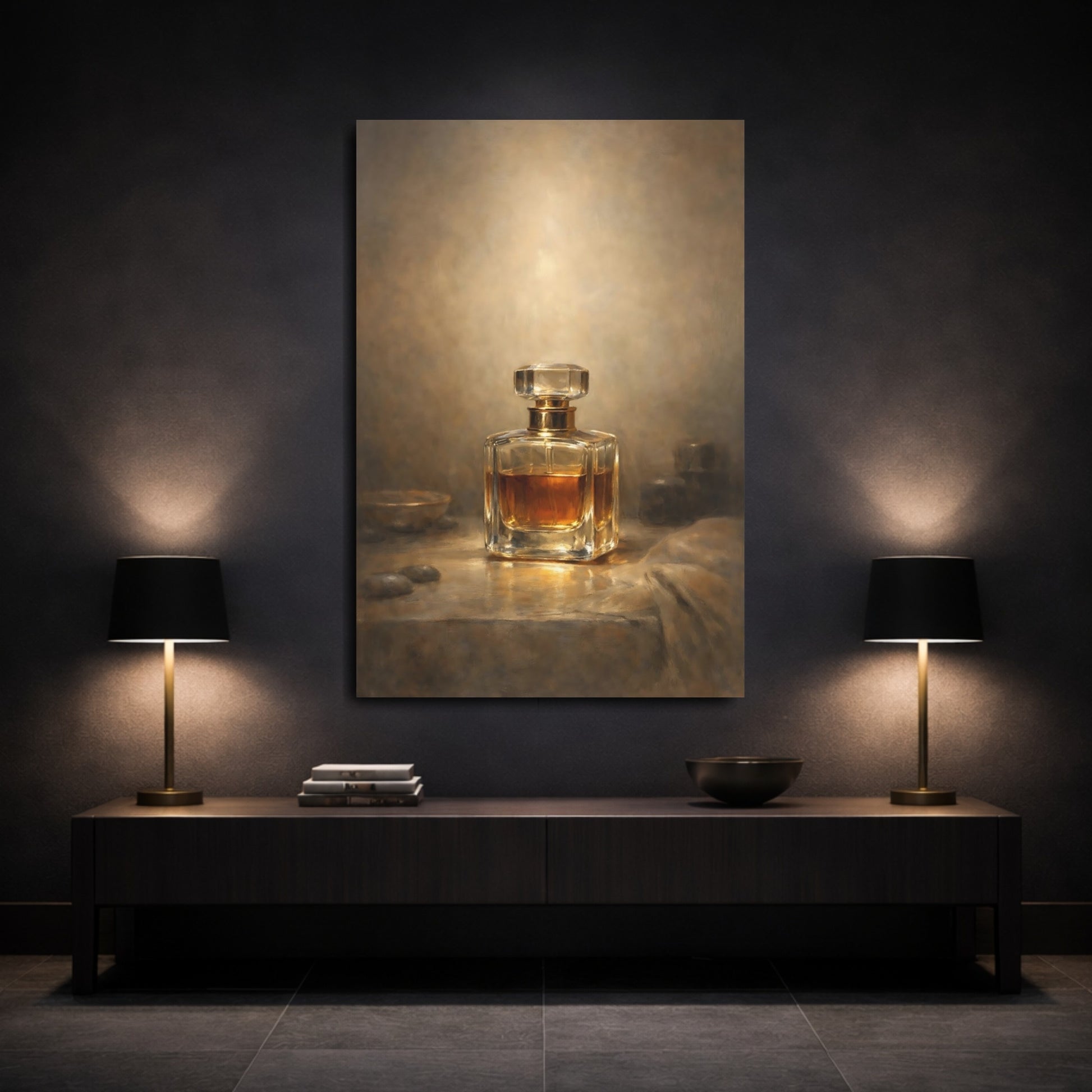 Mockup 2. Vintage Perfume Bottle Brown And Gold Perfume shown as stretched canvas wall art