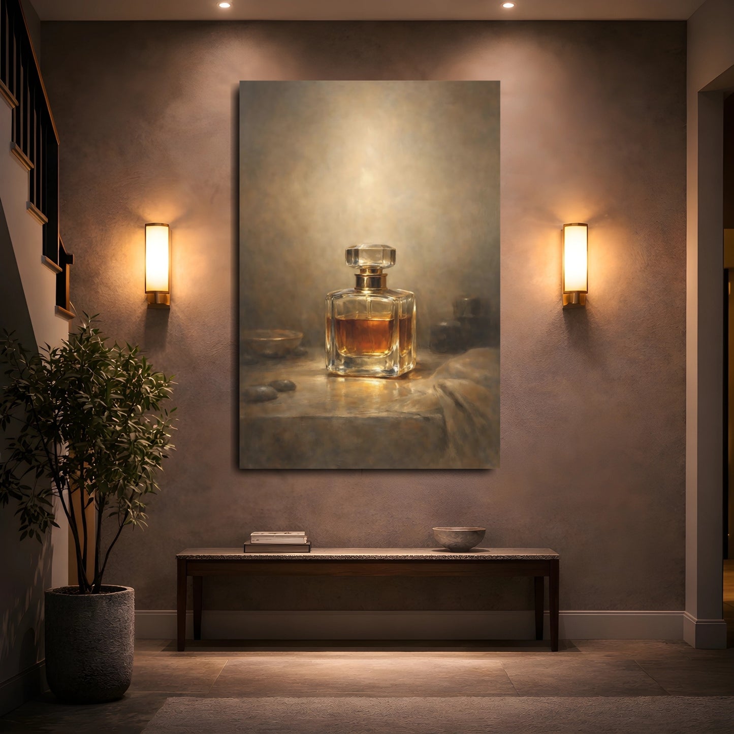 Mockup 4. Vintage Perfume Bottle Brown And Gold Perfume shown as stretched canvas wall art