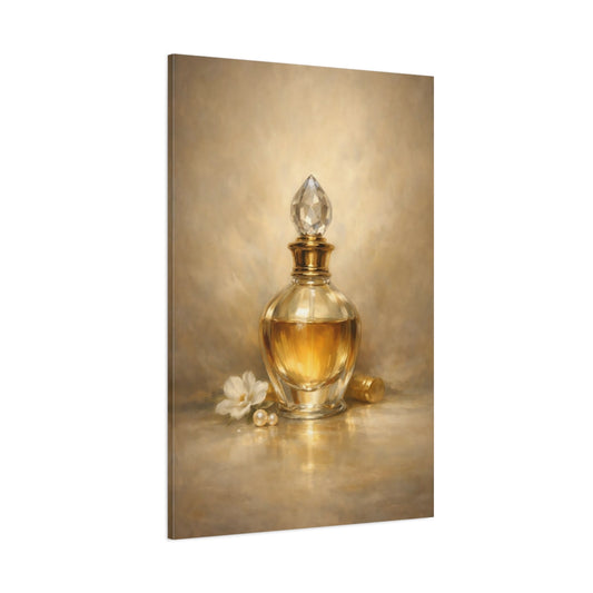 Main Mockup. Vintage Perfume Bottle Gold Perfume Bottle shown as stretched canvas wall art