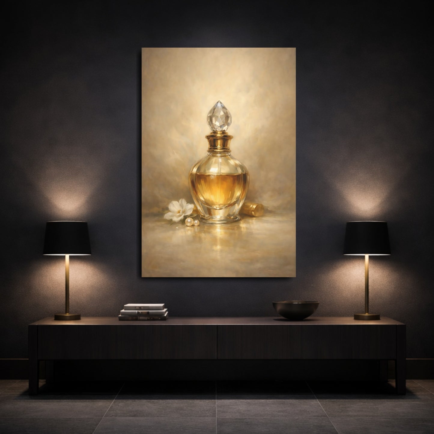 Mockup 2. Vintage Perfume Bottle Gold Perfume Bottle shown as stretched canvas wall art
