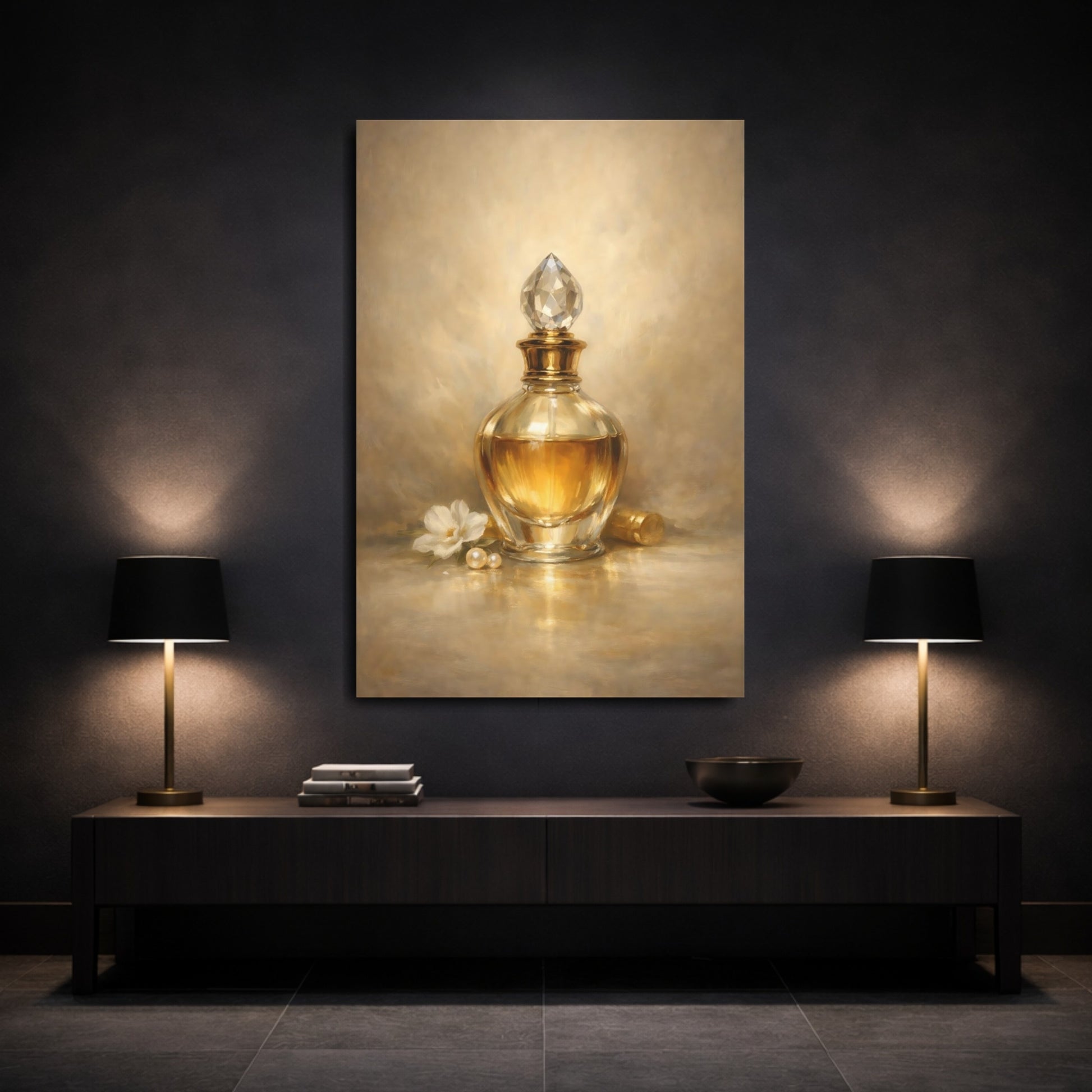 Mockup 2. Vintage Perfume Bottle Gold Perfume Bottle shown as stretched canvas wall art