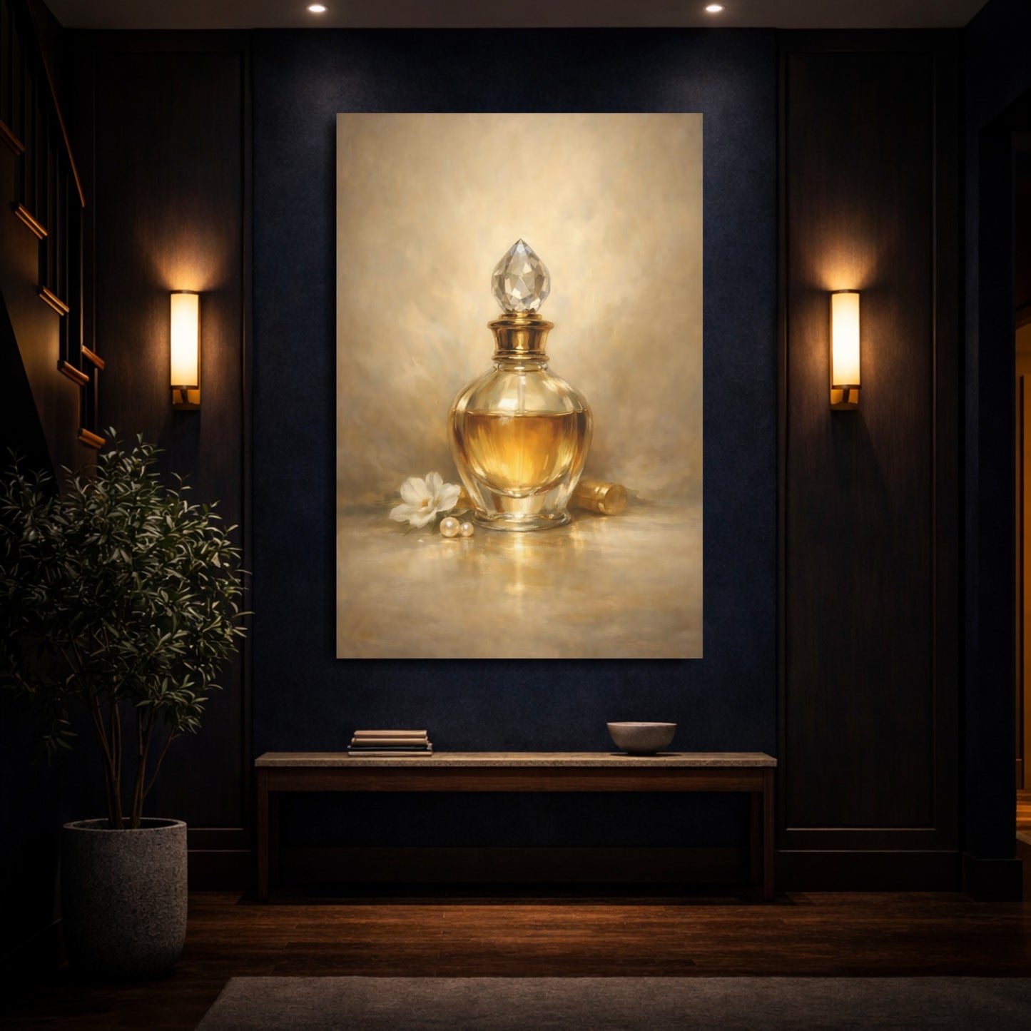 Mockup 3. Vintage Perfume Bottle Gold Perfume Bottle shown as stretched canvas wall art