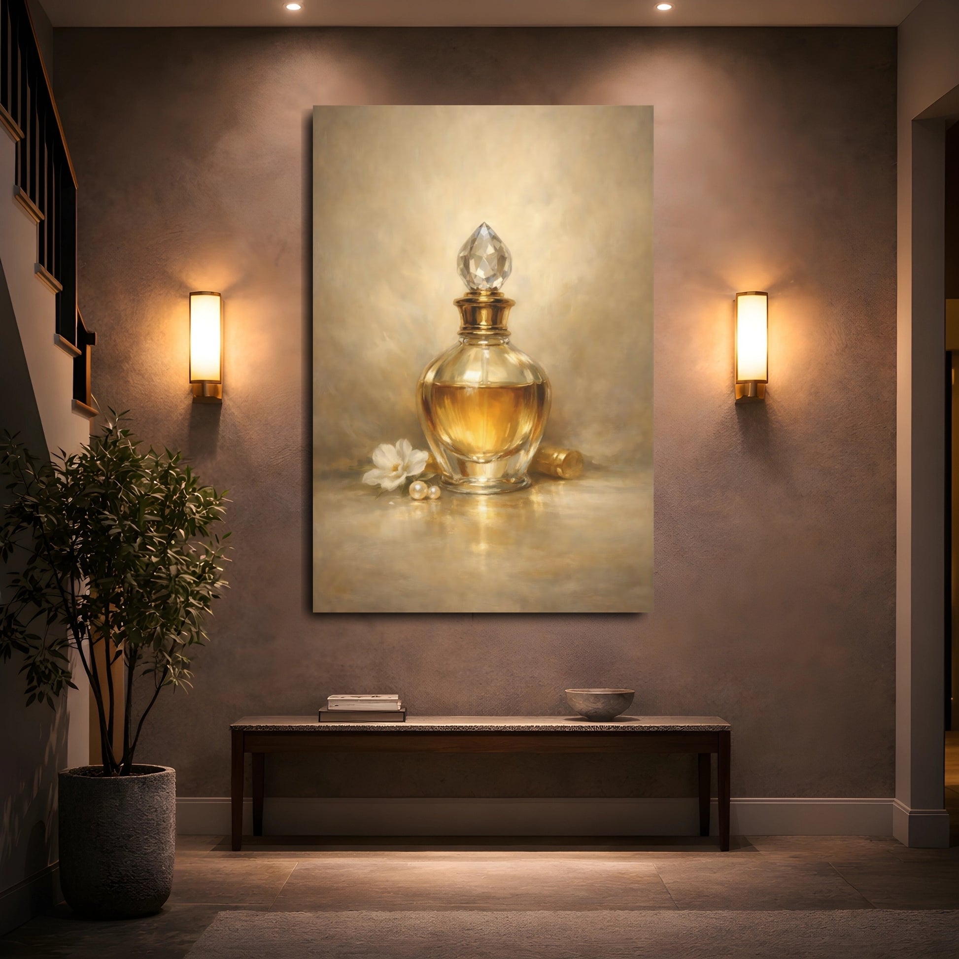 Mockup 4. Vintage Perfume Bottle Gold Perfume Bottle shown as stretched canvas wall art