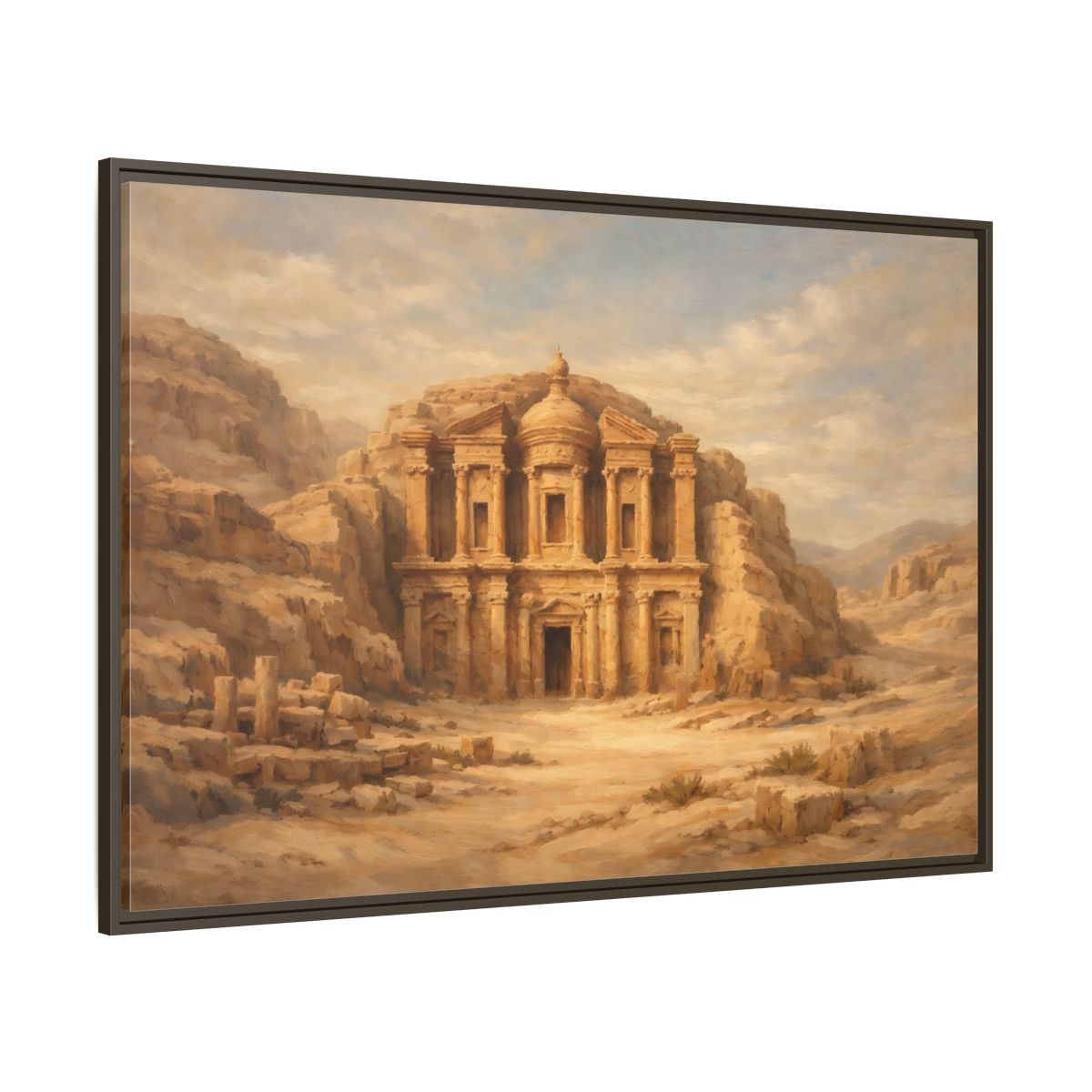 Main Mockup. Vintage Petra Monastery Sandy Brown Desert shown as stretched canvas wall art