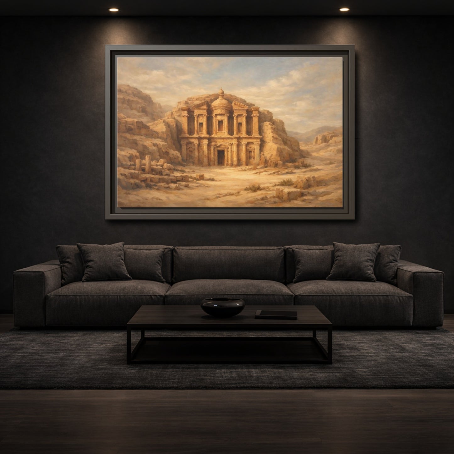 Mockup 2. Vintage Petra Monastery Sandy Brown Desert shown as stretched canvas wall art