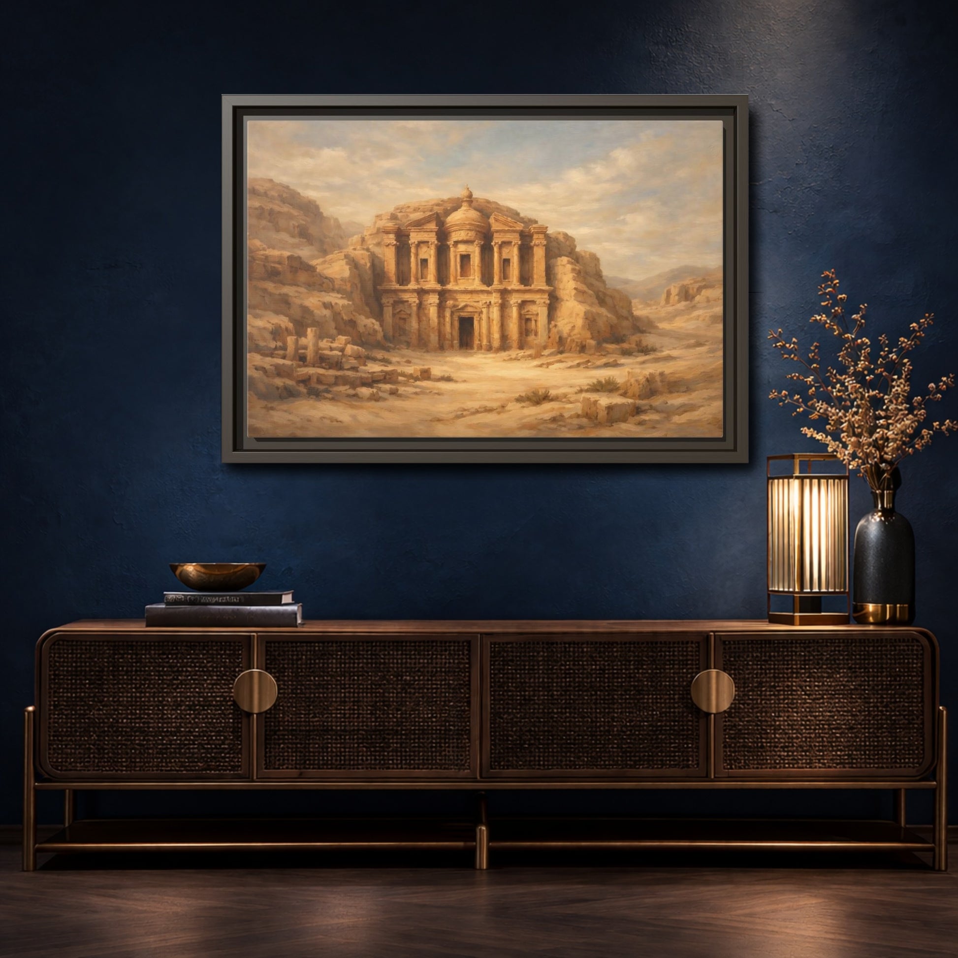 Mockup 4. Vintage Petra Monastery Sandy Brown Desert shown as stretched canvas wall art