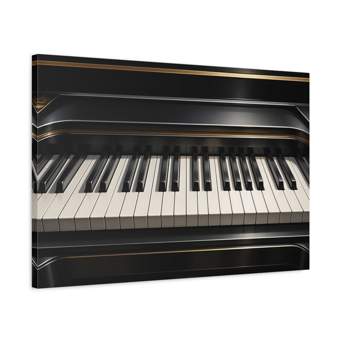 Side Mockup 2. Vintage Piano Keyboard Black And Gold Piano shown as stretched canvas wall art