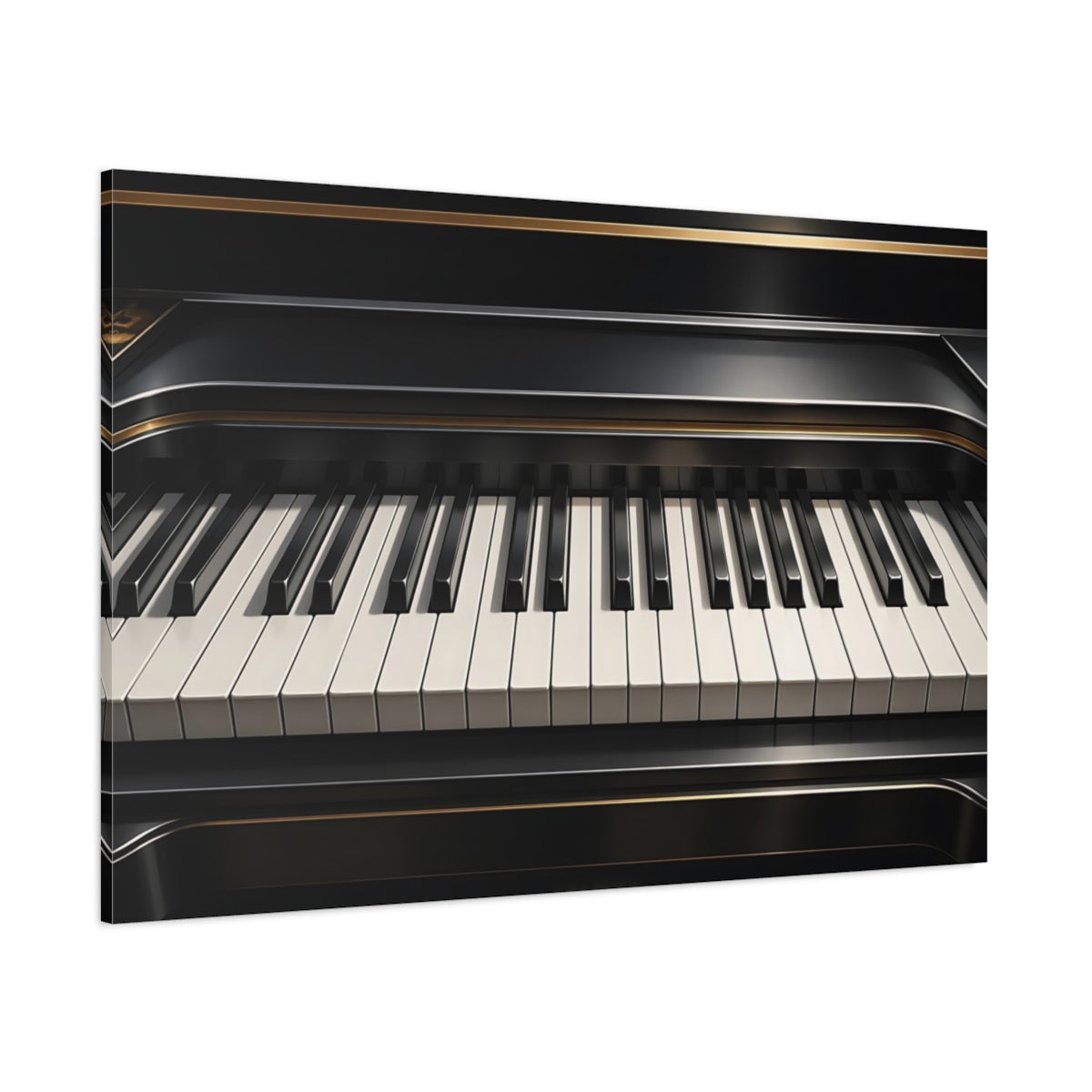 Side Mockup 1. Vintage Piano Keyboard Black And Gold Piano shown as stretched canvas wall art