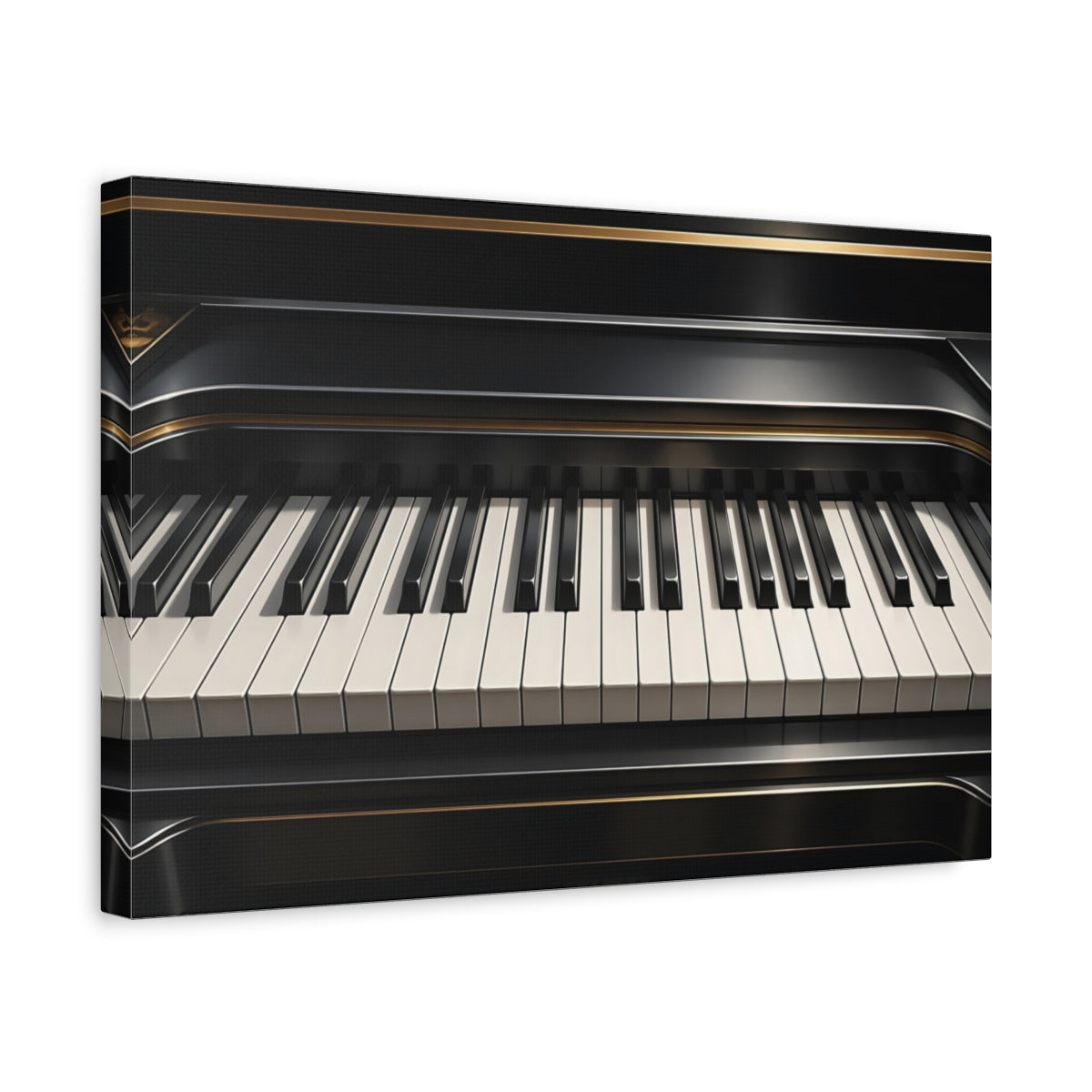 Side Mockup 4. Vintage Piano Keyboard Black And Gold Piano shown as stretched canvas wall art