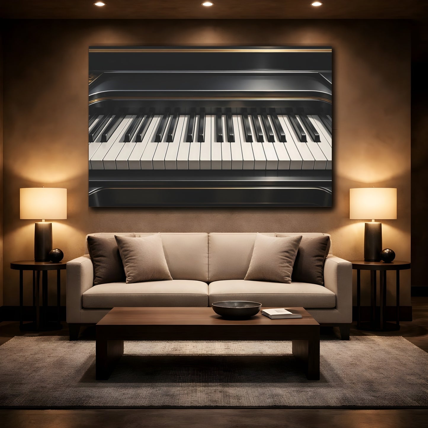 Mockup 2. Vintage Piano Keyboard Black And Gold Piano shown as stretched canvas wall art