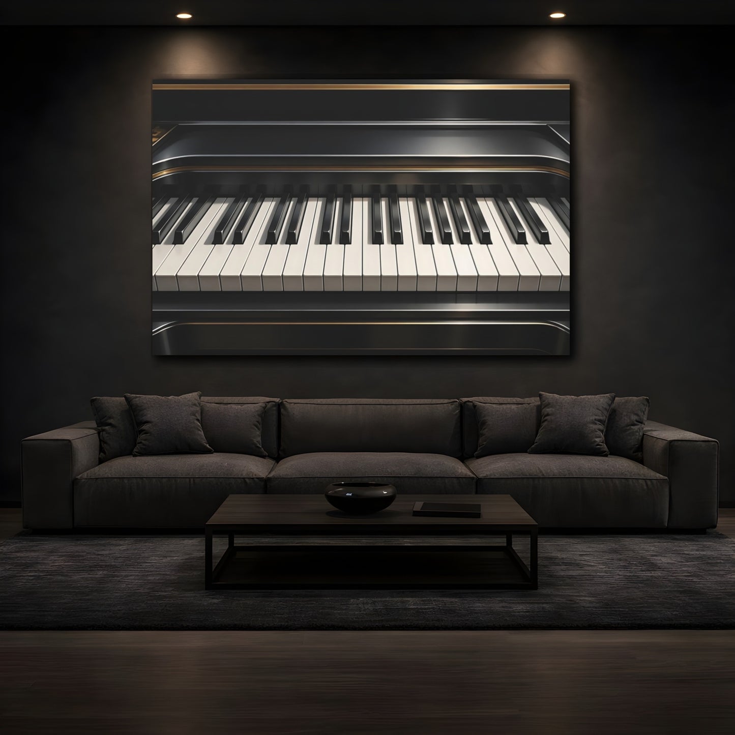 Mockup 3. Vintage Piano Keyboard Black And Gold Piano shown as stretched canvas wall art