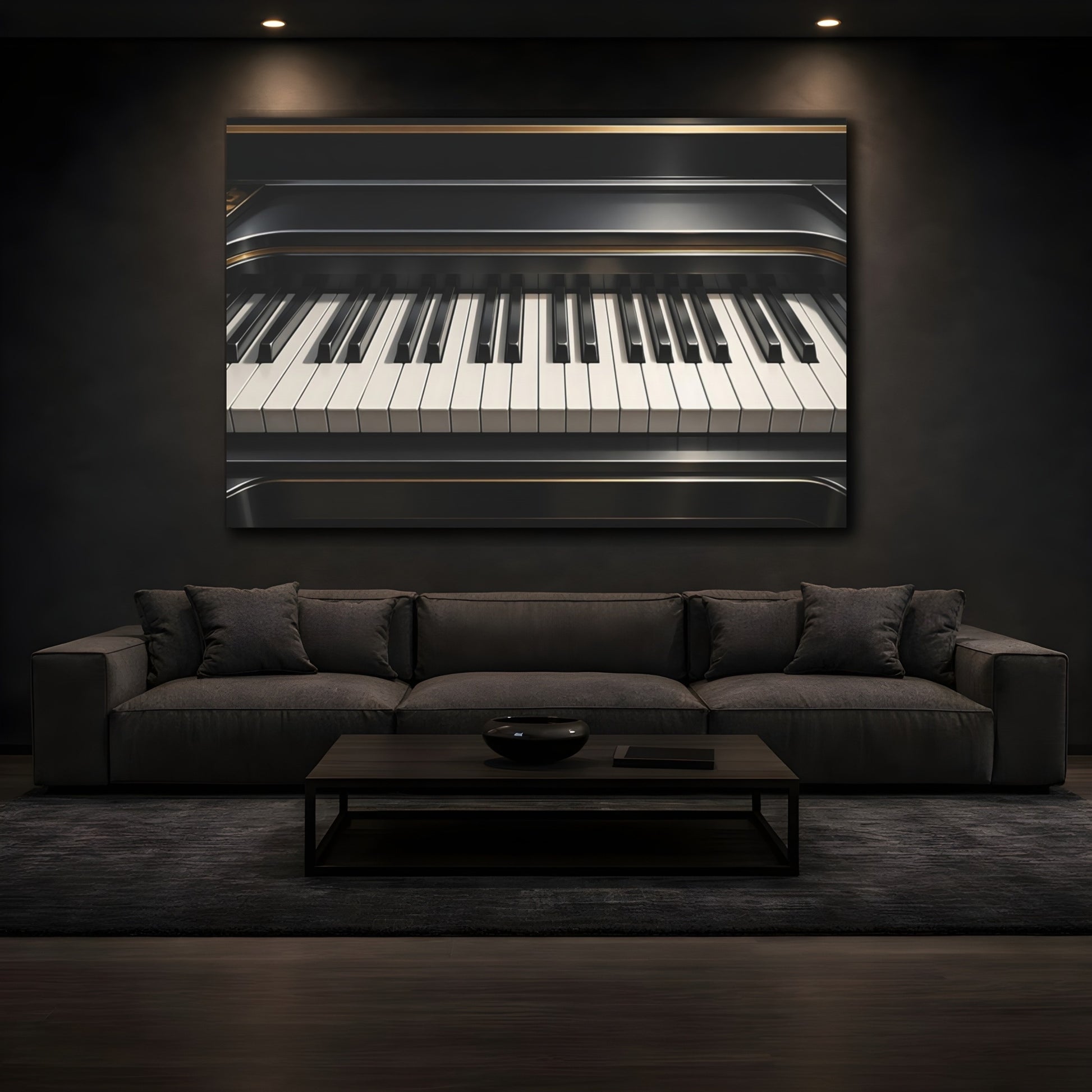 Mockup 3. Vintage Piano Keyboard Black And Gold Piano shown as stretched canvas wall art