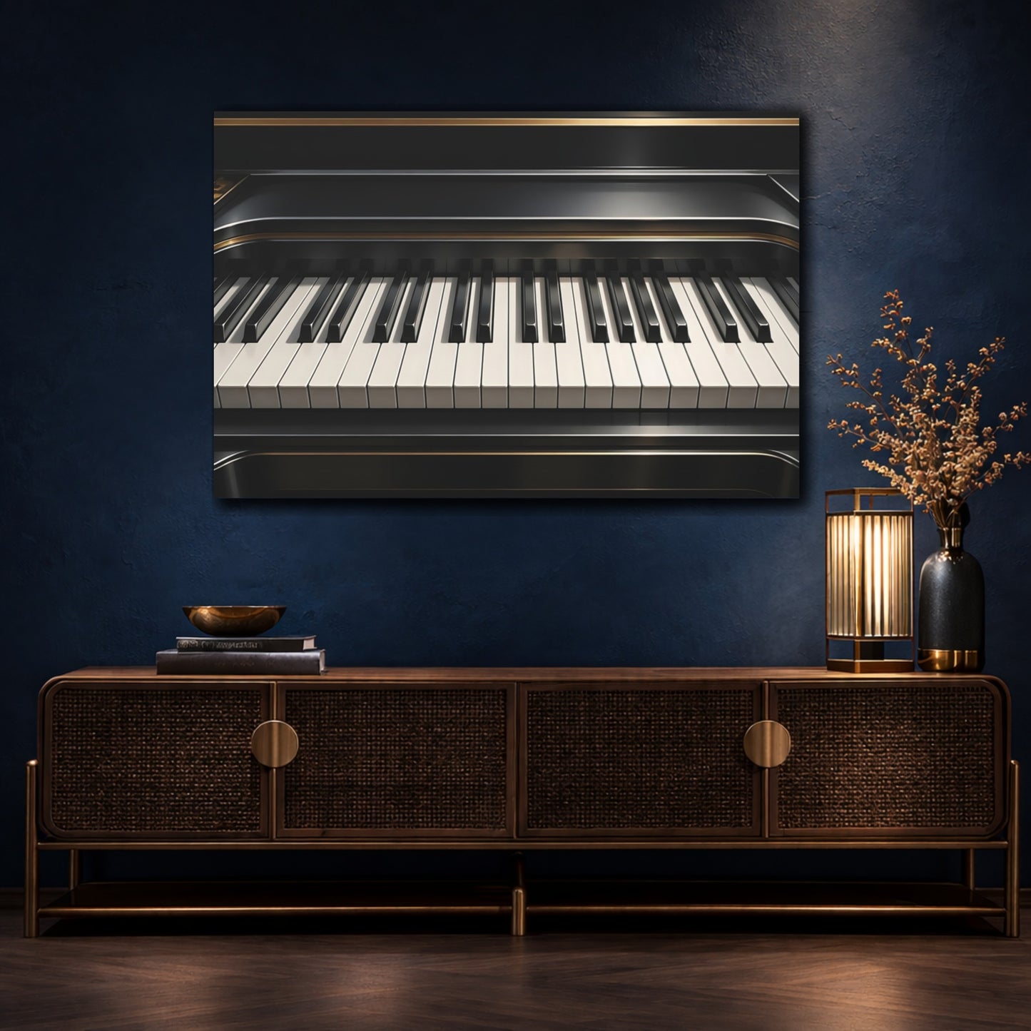 Mockup 4. Vintage Piano Keyboard Black And Gold Piano shown as stretched canvas wall art