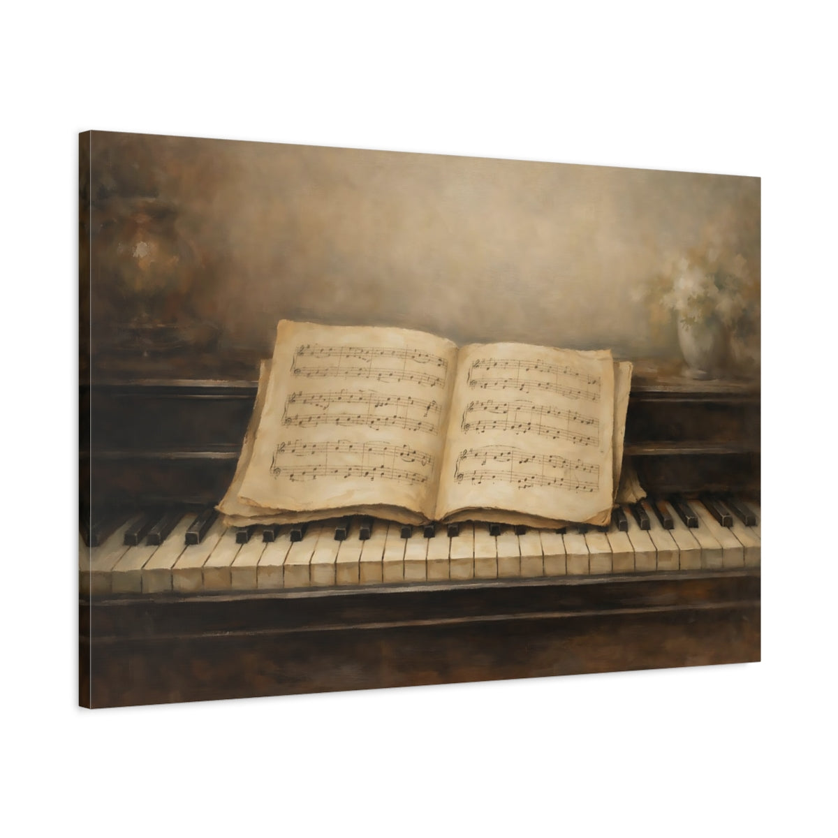 Side Mockup 1. Vintage Piano Vintage Piano Music shown as stretched canvas wall art