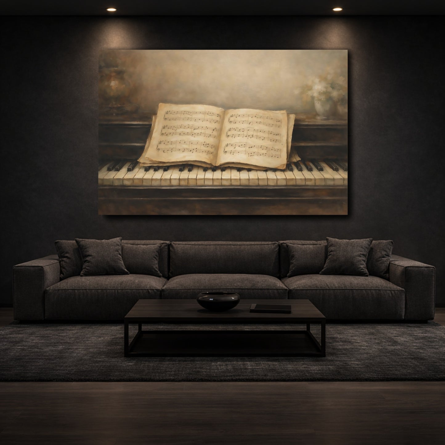 Mockup 2. Vintage Piano Vintage Piano Music shown as stretched canvas wall art