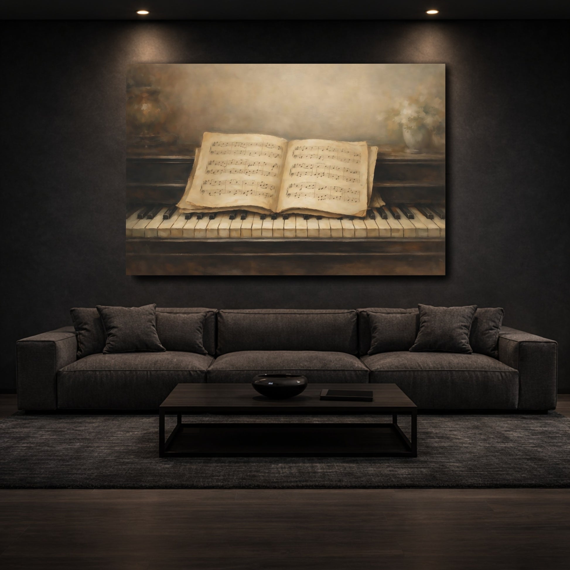 Mockup 2. Vintage Piano Vintage Piano Music shown as stretched canvas wall art