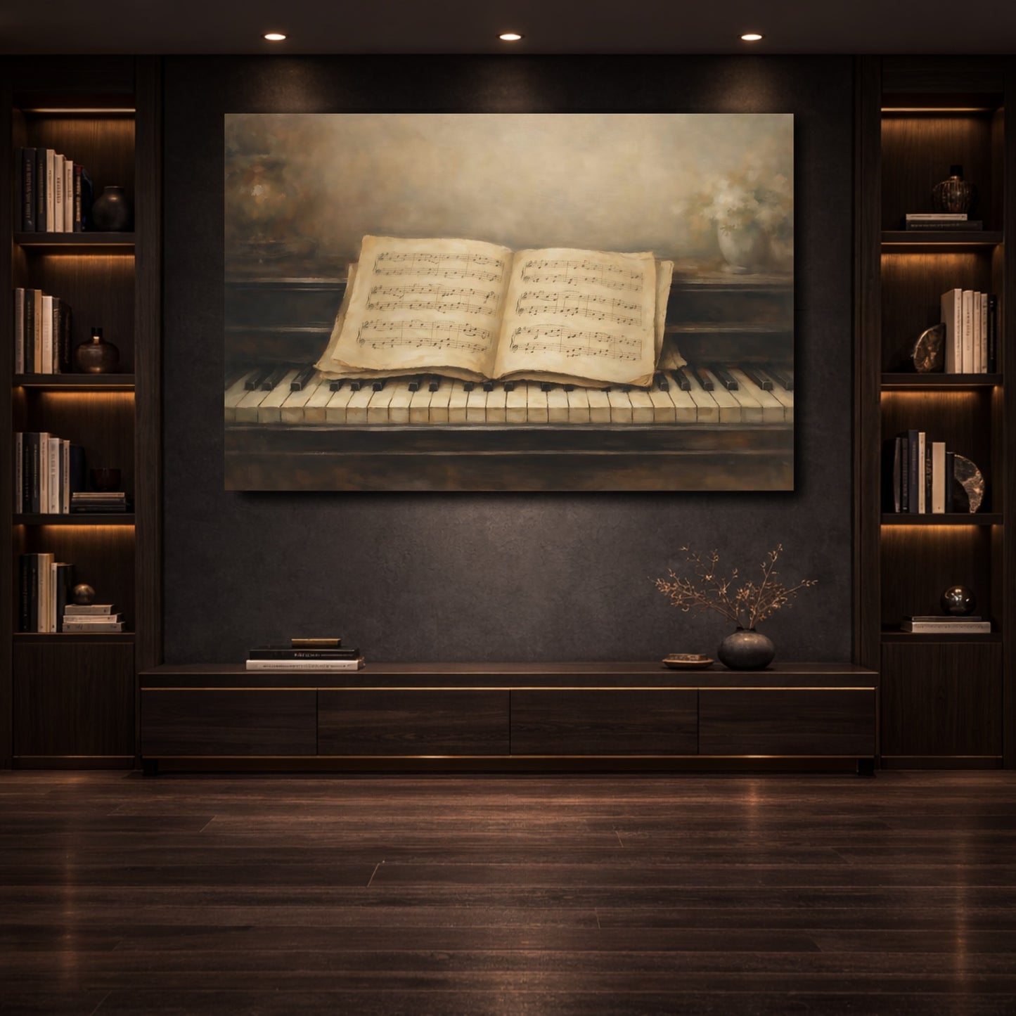 Mockup 3. Vintage Piano Vintage Piano Music shown as stretched canvas wall art