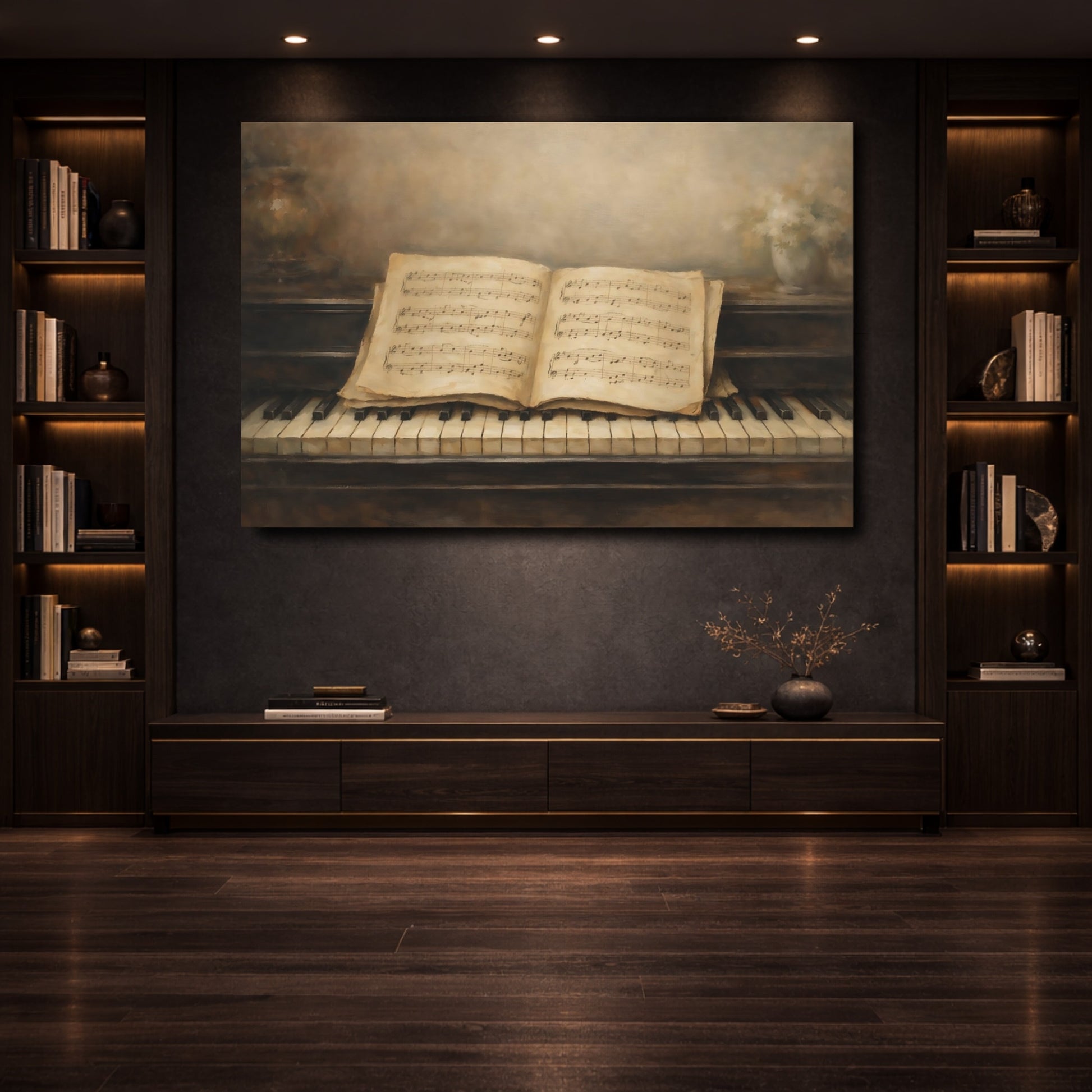 Mockup 3. Vintage Piano Vintage Piano Music shown as stretched canvas wall art