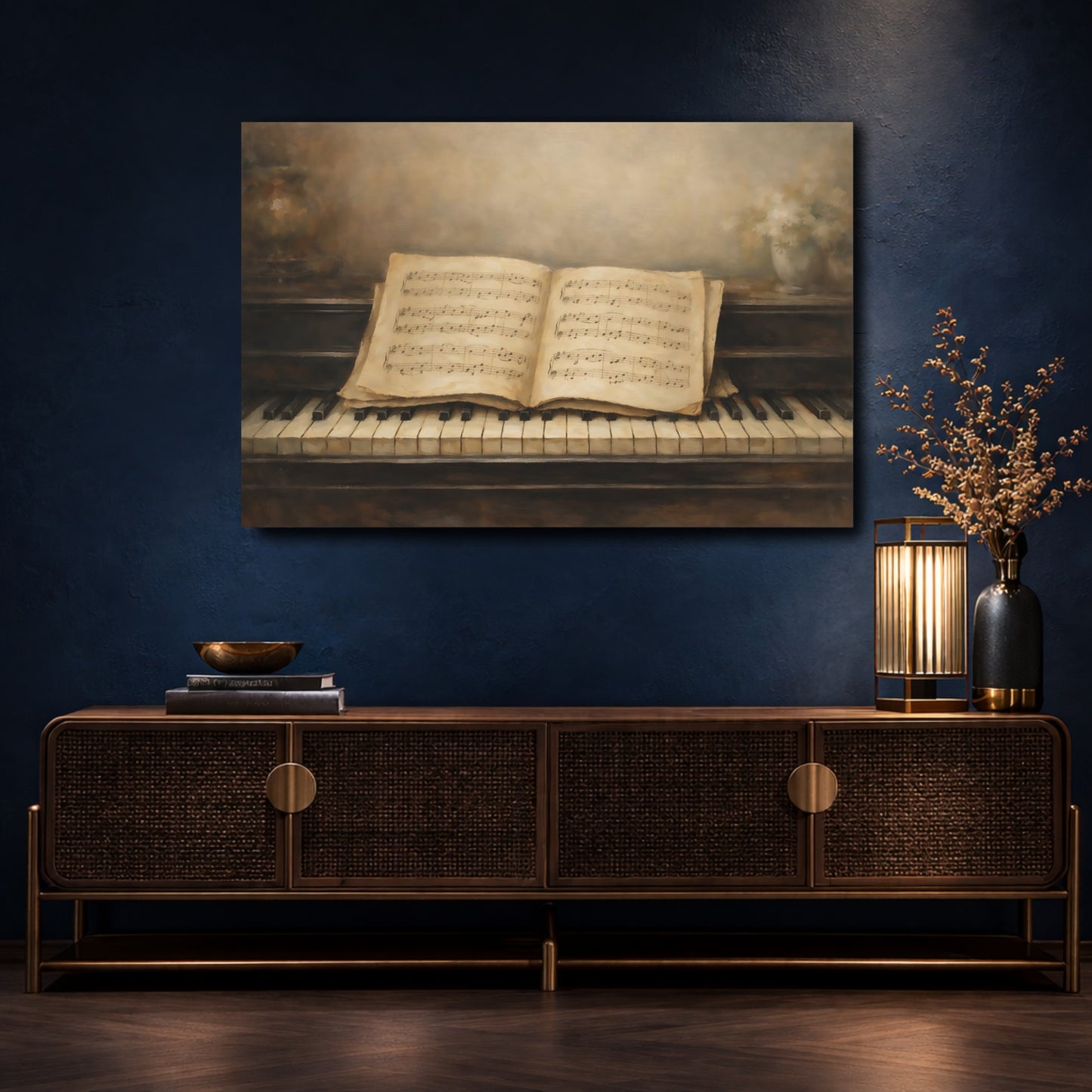 Mockup 4. Vintage Piano Vintage Piano Music shown as stretched canvas wall art
