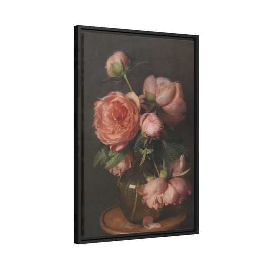 Vintage Pink Peonies Flowers - Framed Canvas Wall Art Reproduction
