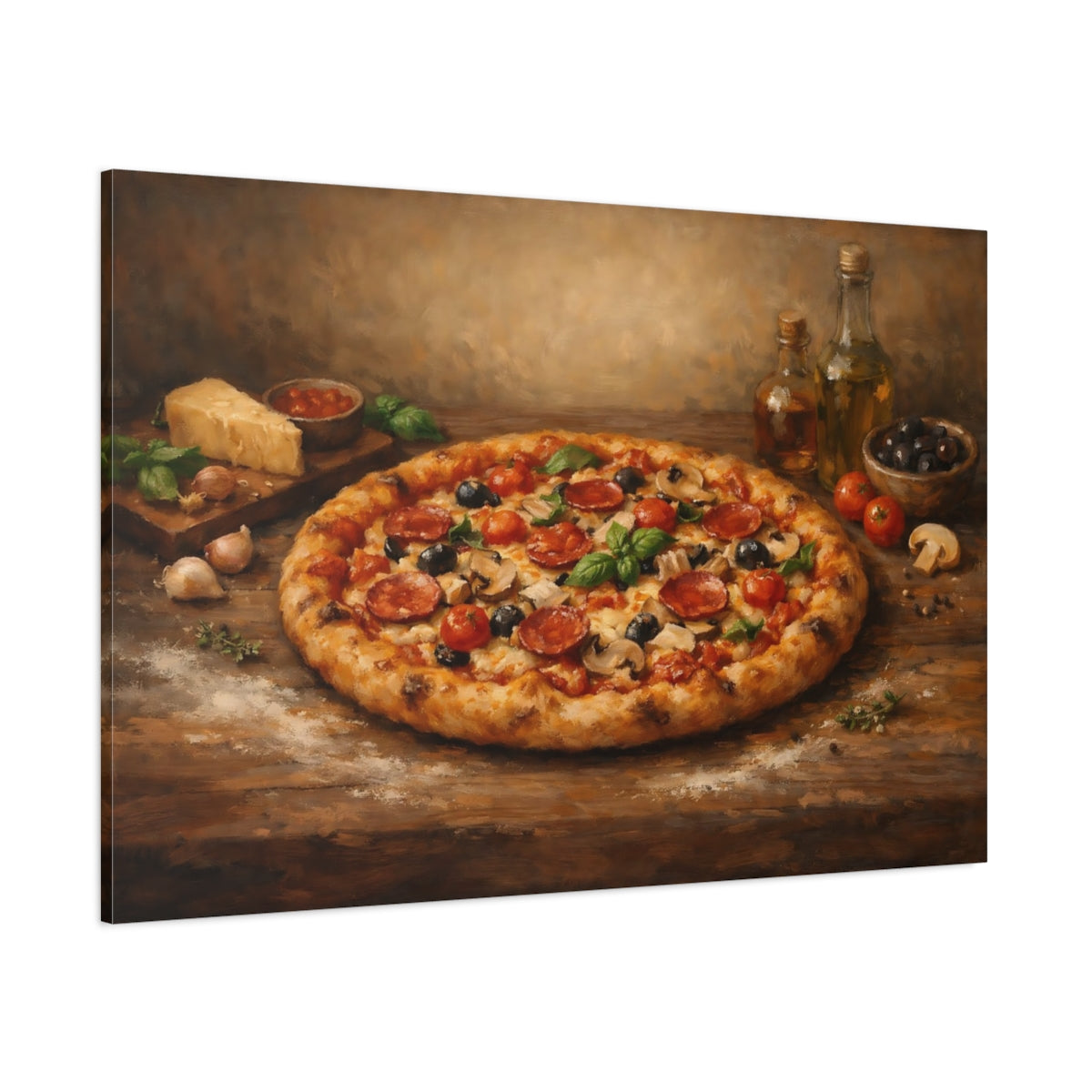 Main Mockup. Vintage Pizza Rustic Italian Food shown as stretched canvas wall art